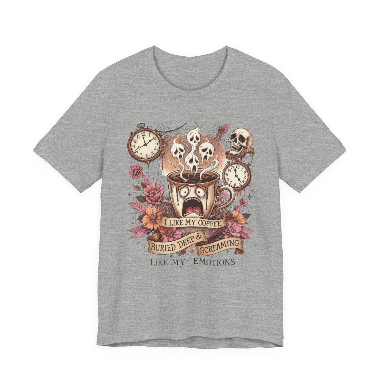 Coffee Lovers Skull Tee - I Like My Coffee Buried Deep, Unisex Jersey T-Shirt, Personalized Gift, Gothic Style, Perfect for Halloween