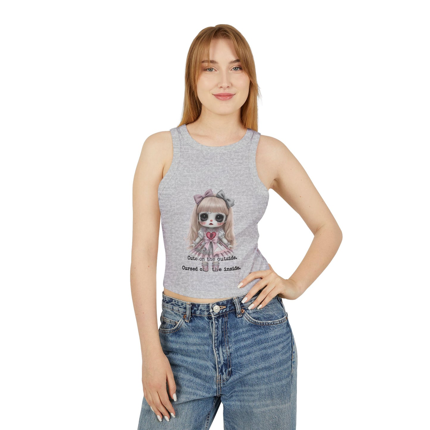 Creepy Doll Women's Tank Top, Scary Halloween Sleeveless Shirt, Gothic Doll Ribbed Racer Tank, Spooky Horror Sleeveless Tee, Vintage Pastel
