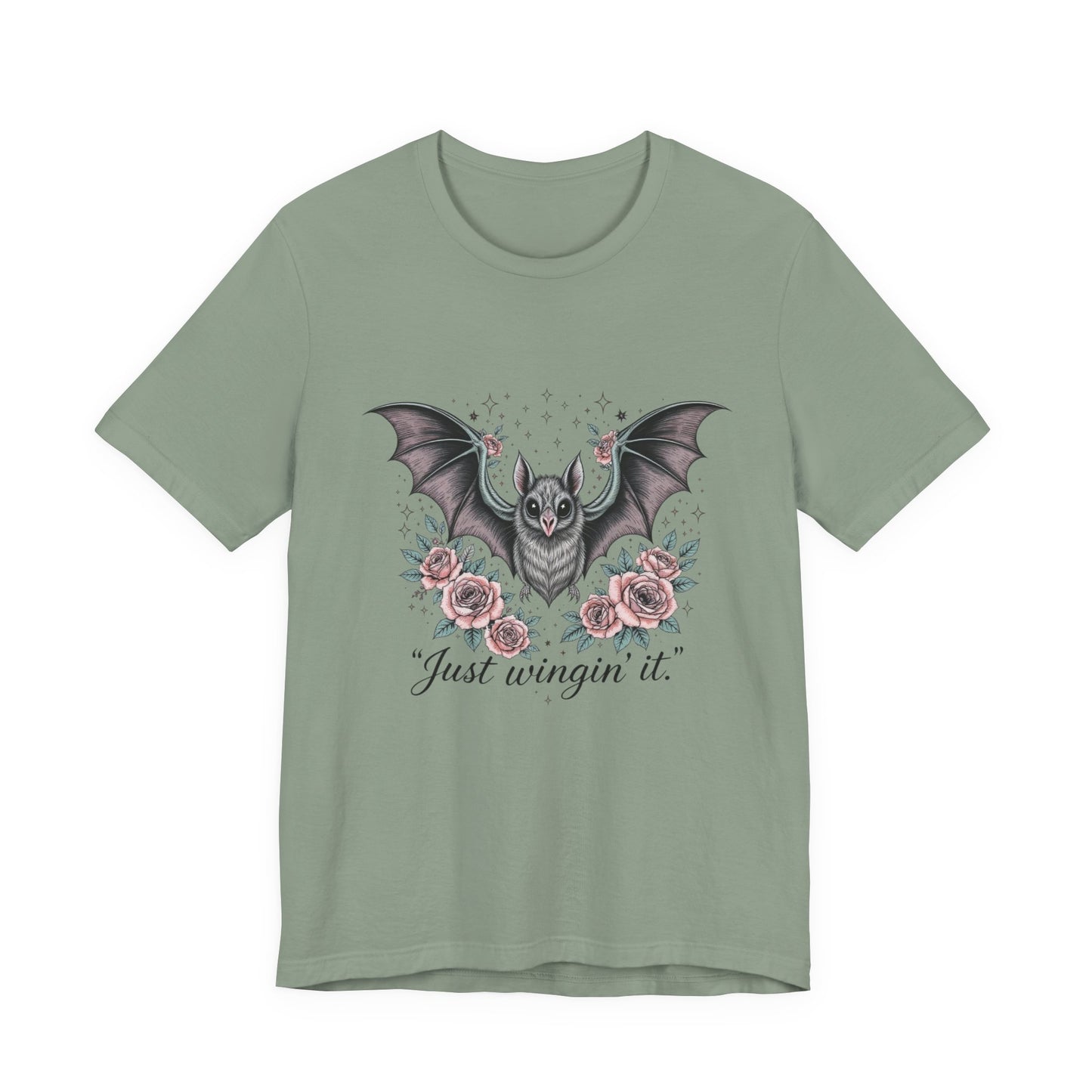 Just Wingin' It Bat Tee, Unisex Jersey Short Sleeve T-Shirt for Halloween, Casual Outfit, Unique Gift, Spooky Vibe, Graphic Tee