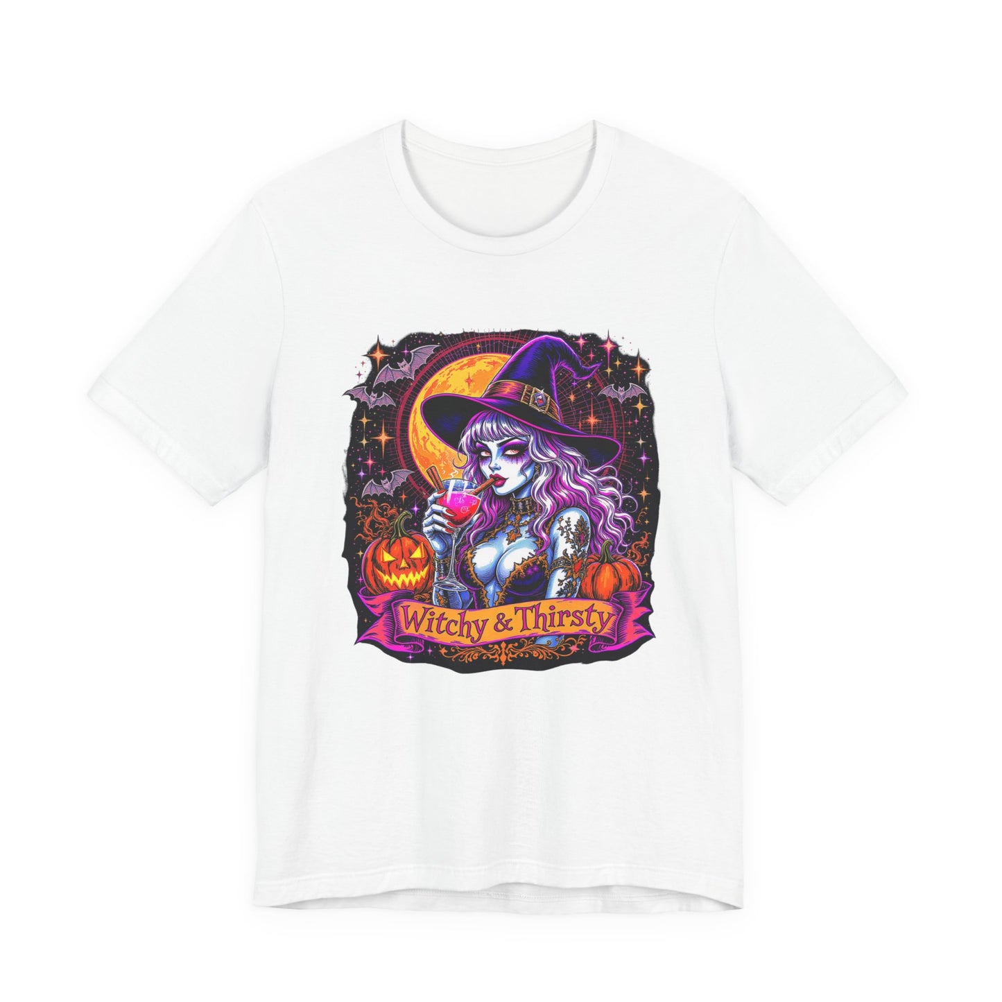 Witchy & Thirsty Halloween Tee, Unisex Short Sleeve Shirt, Spooky T-Shirt, Halloween Costume, Witchy Fashion, October Celebration