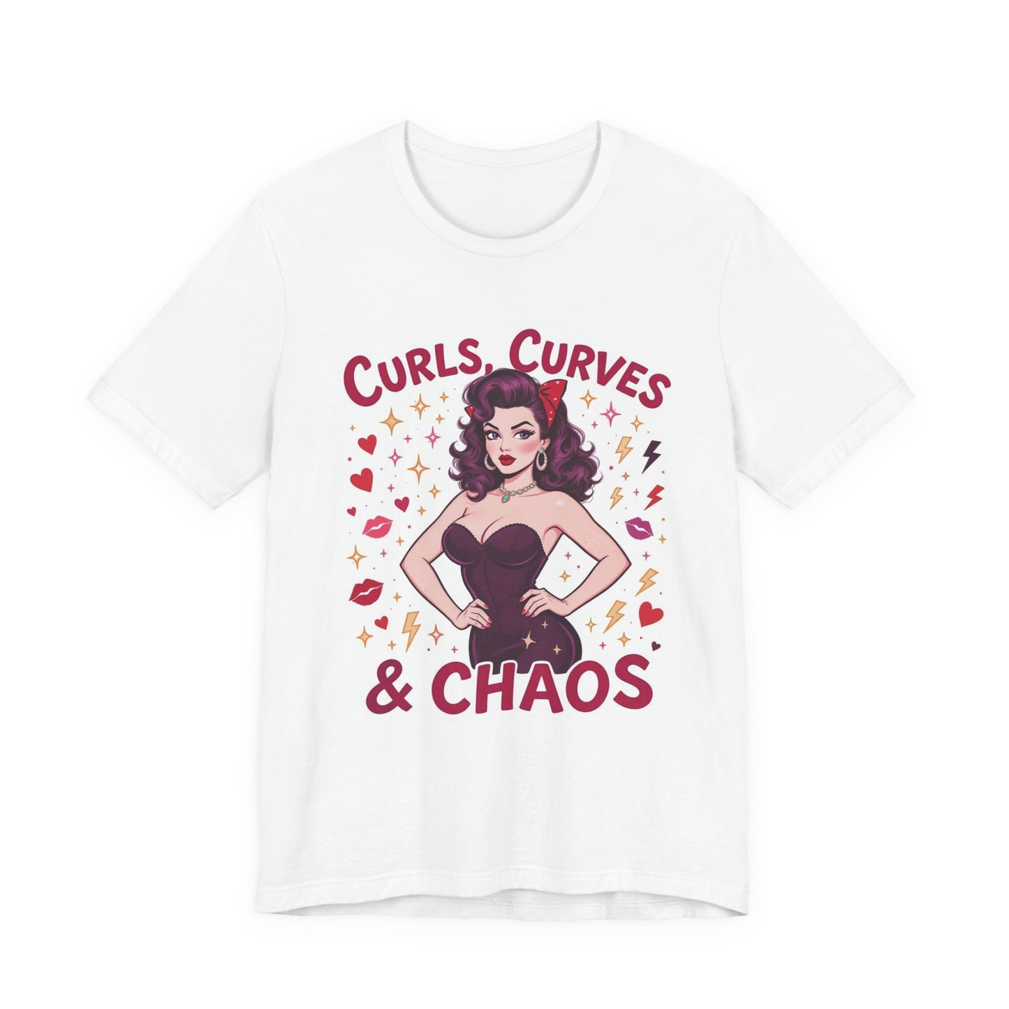 Curls, Curves & Chaos Tee, Fun Graphic Tee for Women, Casual Summer T-shirt, Unique Gift for Friends, Retro Style Shirt