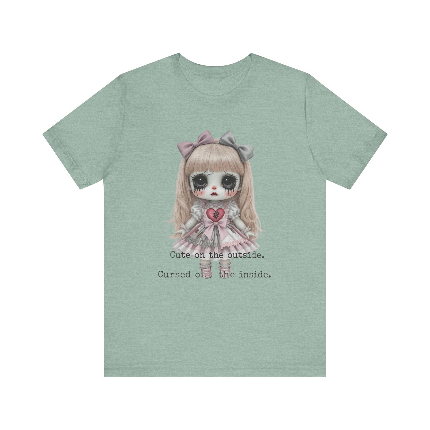 Cursed Doll Graphic Tee, Cute and Spooky T-Shirt, Halloween Gift, Alternative Style Apparel, Unisex Short Sleeve Shirt, Kawaii Punk Fashion