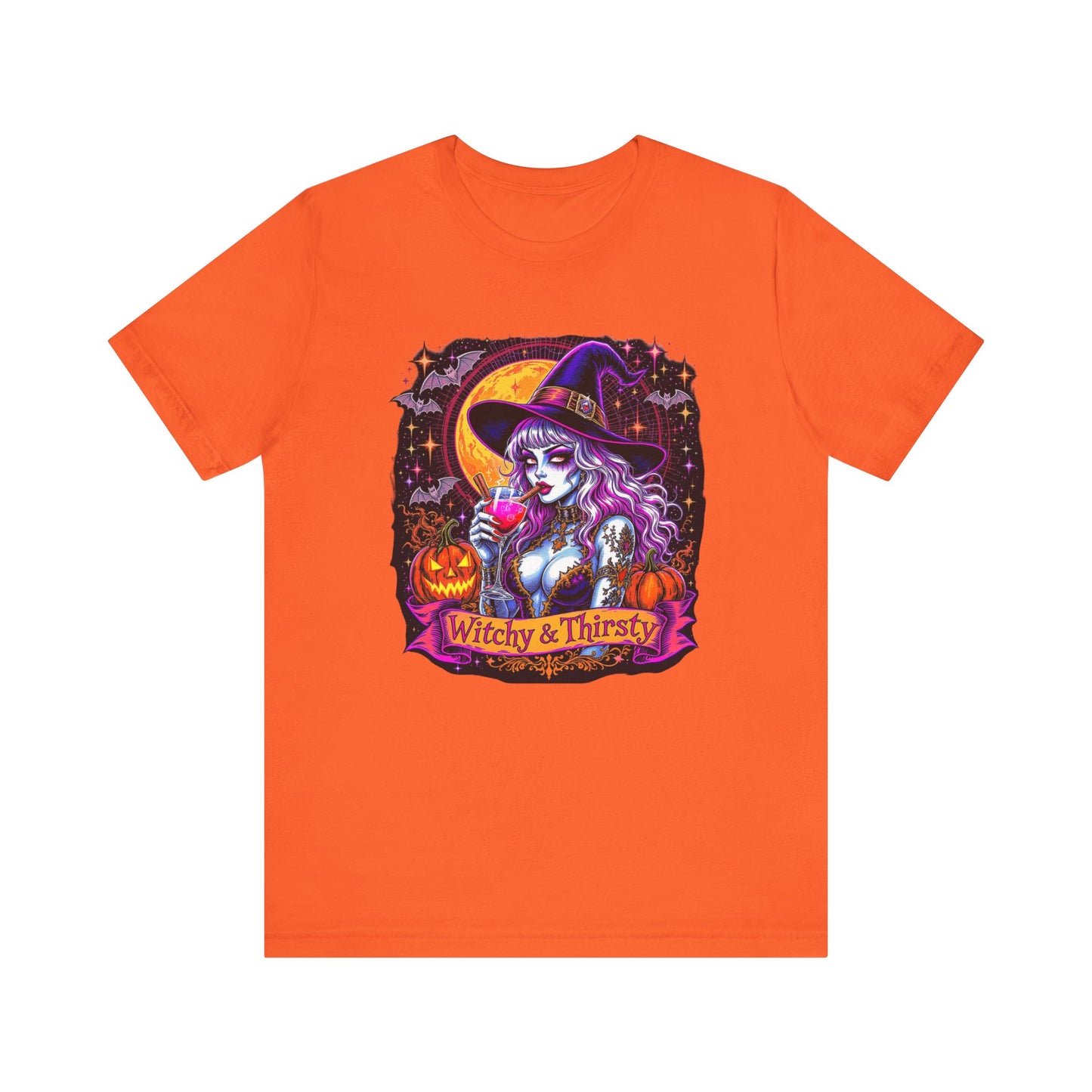 Witchy & Thirsty Halloween Tee, Unisex Short Sleeve Shirt, Spooky T-Shirt, Halloween Costume, Witchy Fashion, October Celebration