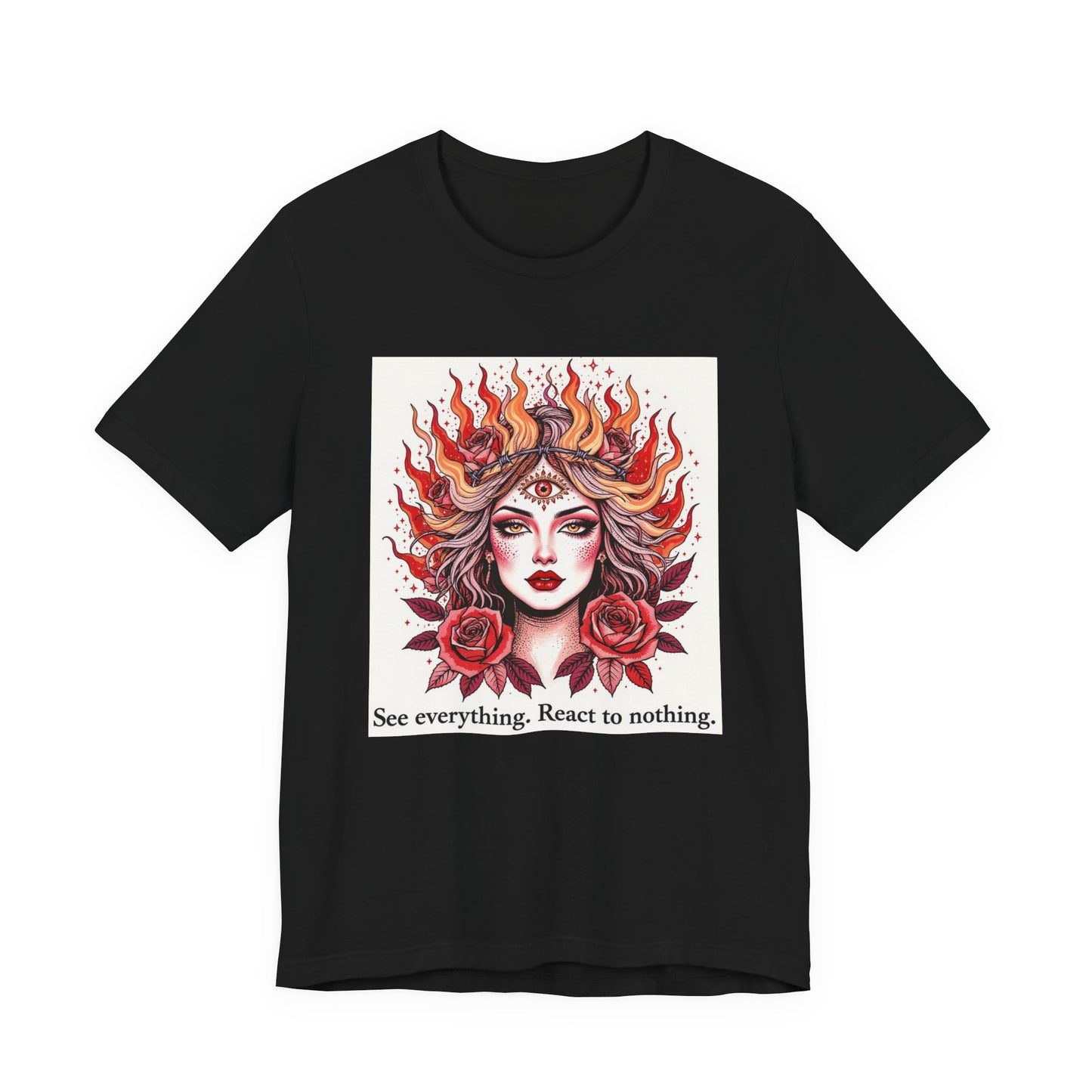 Surreal Tattoo Flash T-Shirt, Feminine Face and Roses Design, Vintage Style Tee for Men and Women, Flaming Hair Art Shirt, Pastel Pink Red