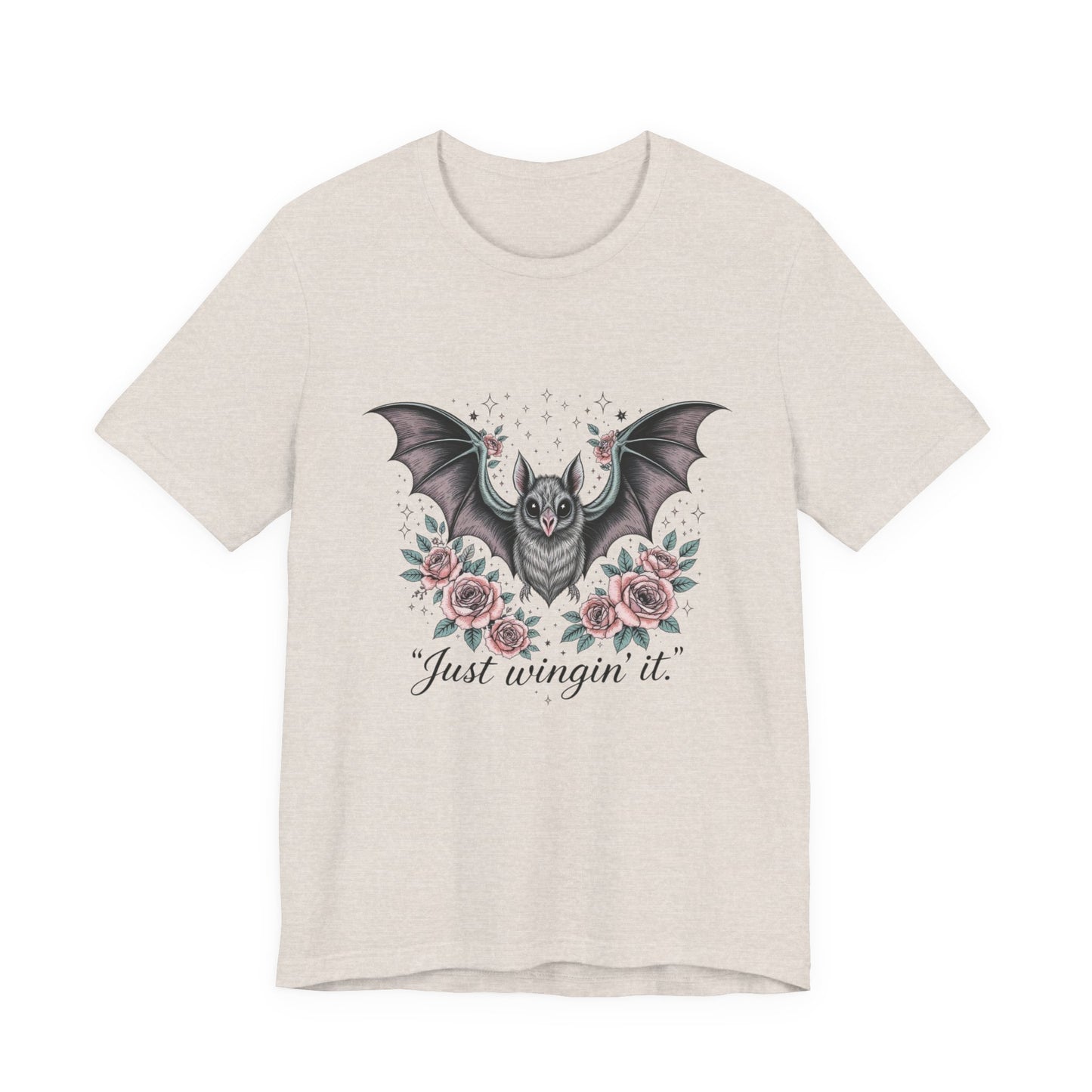Just Wingin' It Bat Tee, Unisex Jersey Short Sleeve T-Shirt for Halloween, Casual Outfit, Unique Gift, Spooky Vibe, Graphic Tee