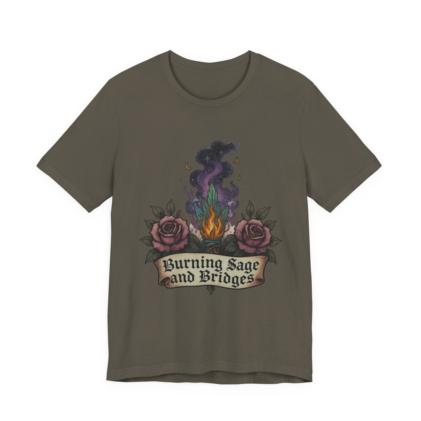 Mystical Sage Tee - Burning Sage and Bridges Shirt for Spiritual Vibes, Boho Style, Gift for Witches, Casual Wear, Ideal for Festivals