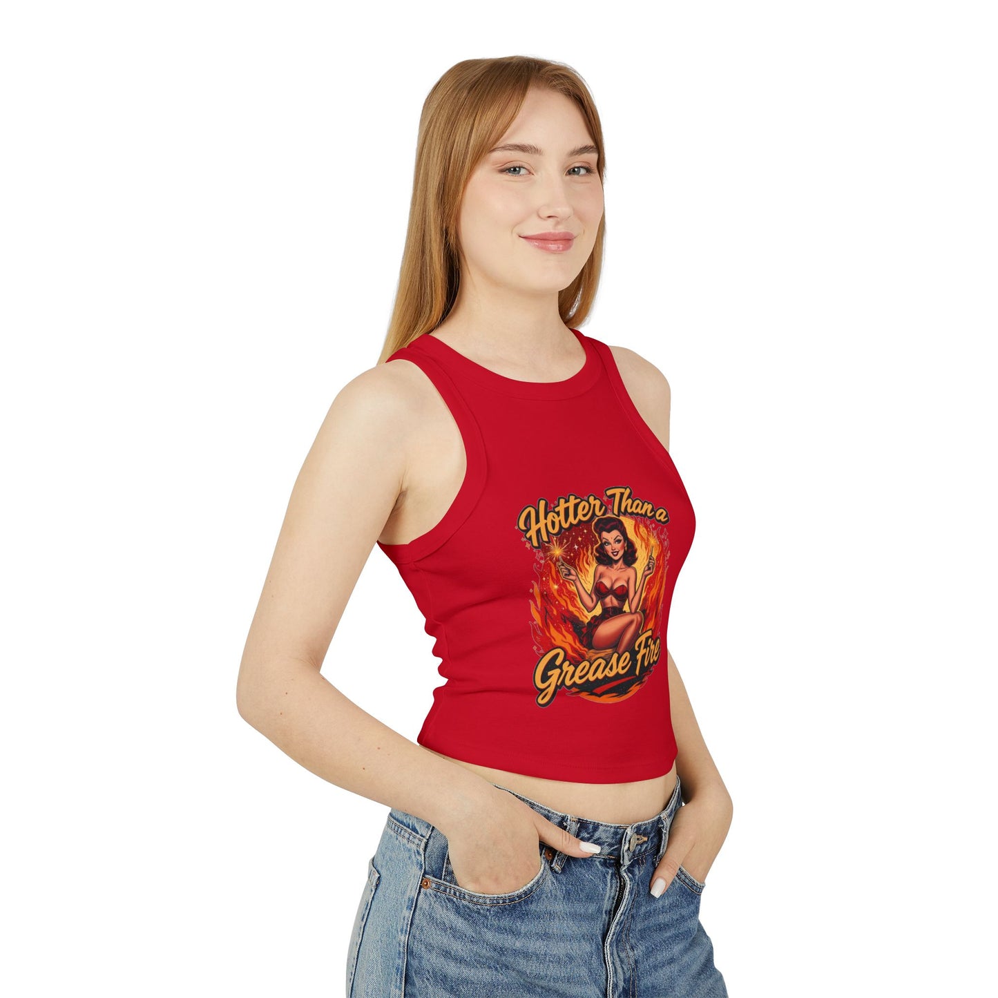 Hotter Than Grease Fire Tank Top, Summer Crop Top, Vintage Style Racer Back, Casual Womens Apparel, Perfect for Festivals, Workout Wear