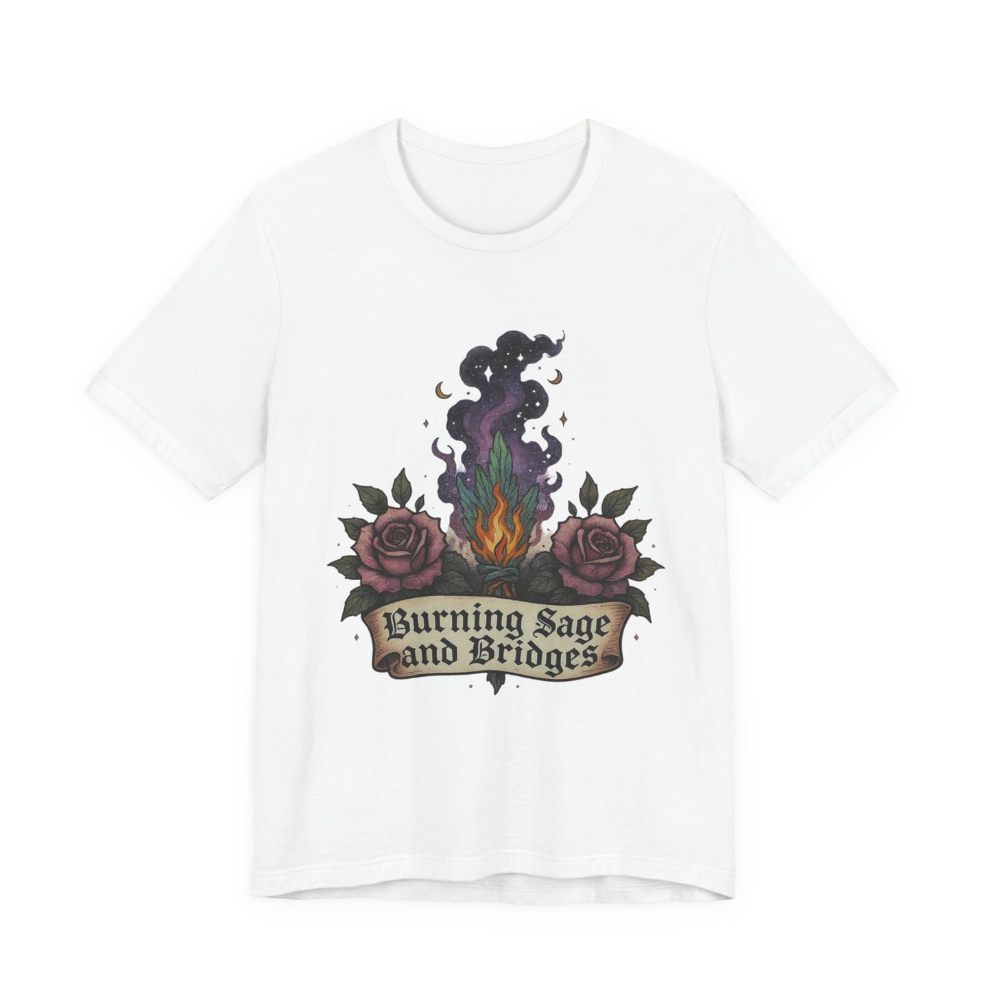 Mystical Sage Tee - Burning Sage and Bridges Shirt for Spiritual Vibes, Boho Style, Gift for Witches, Casual Wear, Ideal for Festivals