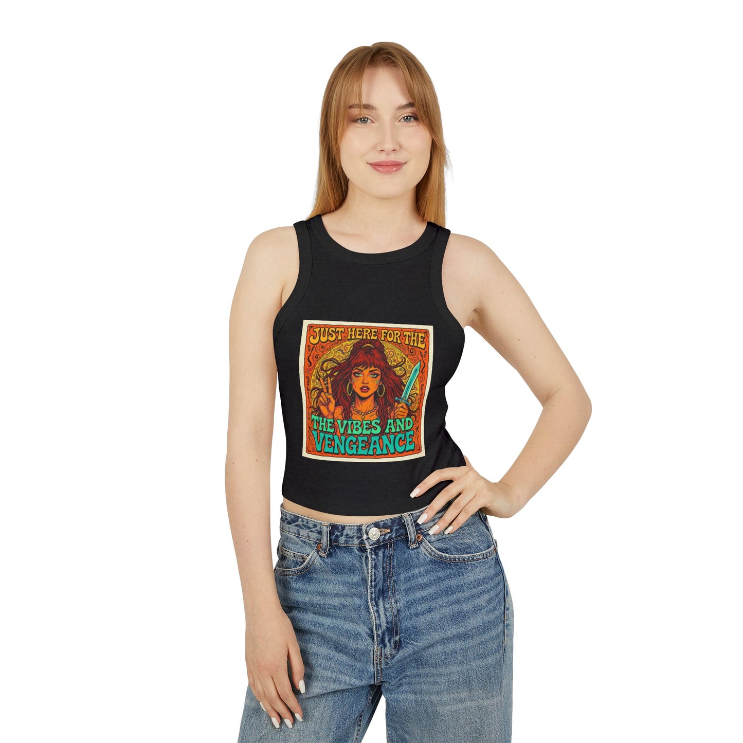 Vibes and Vengeance Racer Tank, Graphic Crop Top, Women's Summer Fashion, Festival Wear, Gift for Her
