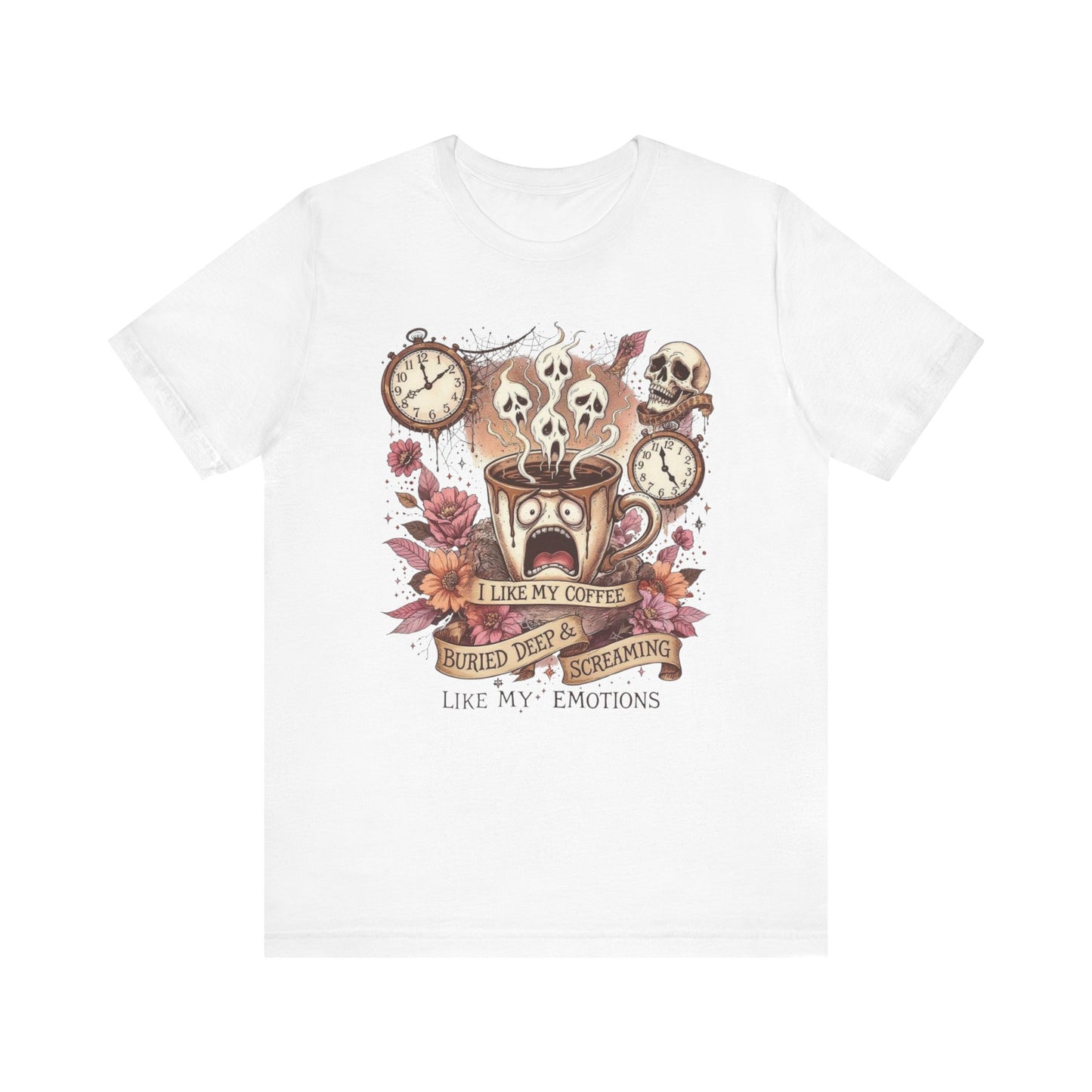 Coffee Lovers Skull Tee - I Like My Coffee Buried Deep, Unisex Jersey T-Shirt, Personalized Gift, Gothic Style, Perfect for Halloween