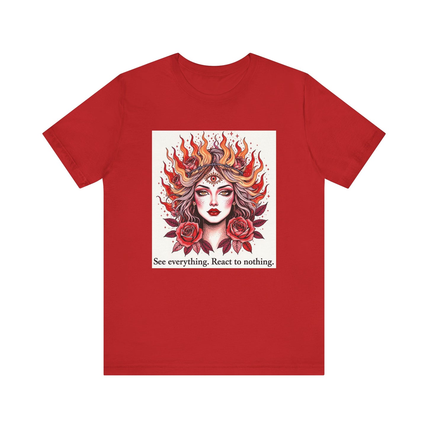 Surreal Tattoo Flash T-Shirt, Feminine Face and Roses Design, Vintage Style Tee for Men and Women, Flaming Hair Art Shirt, Pastel Pink Red