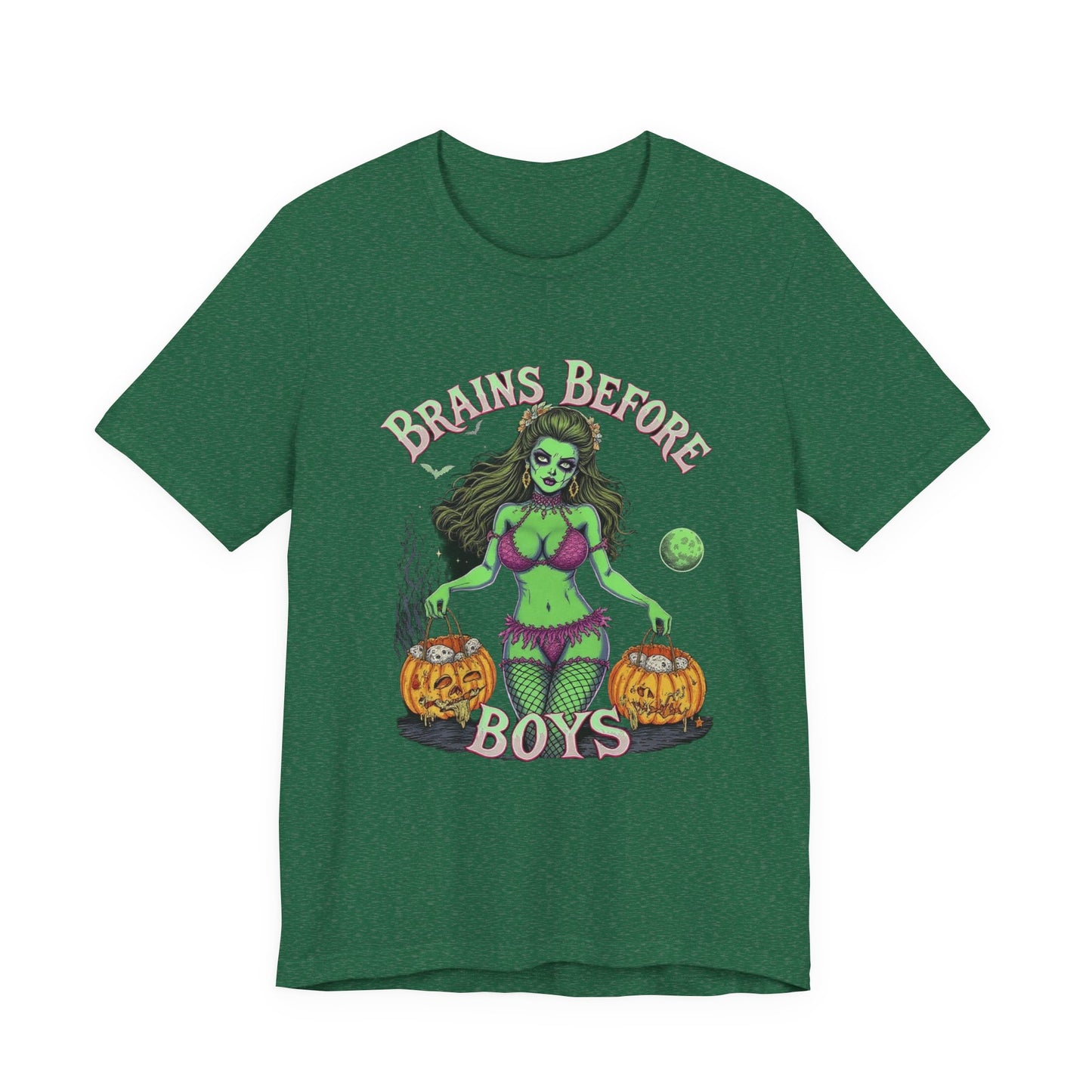 Spooky Graphic Tee, Halloween Shirt, Ghostly Humor Tee, Casual Unisex T-Shirt, Fun Gift for Halloween Party, Brains Before Boys