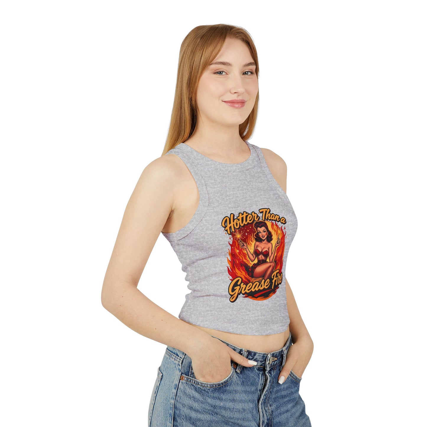 Hotter Than Grease Fire Tank Top, Summer Crop Top, Vintage Style Racer Back, Casual Womens Apparel, Perfect for Festivals, Workout Wear