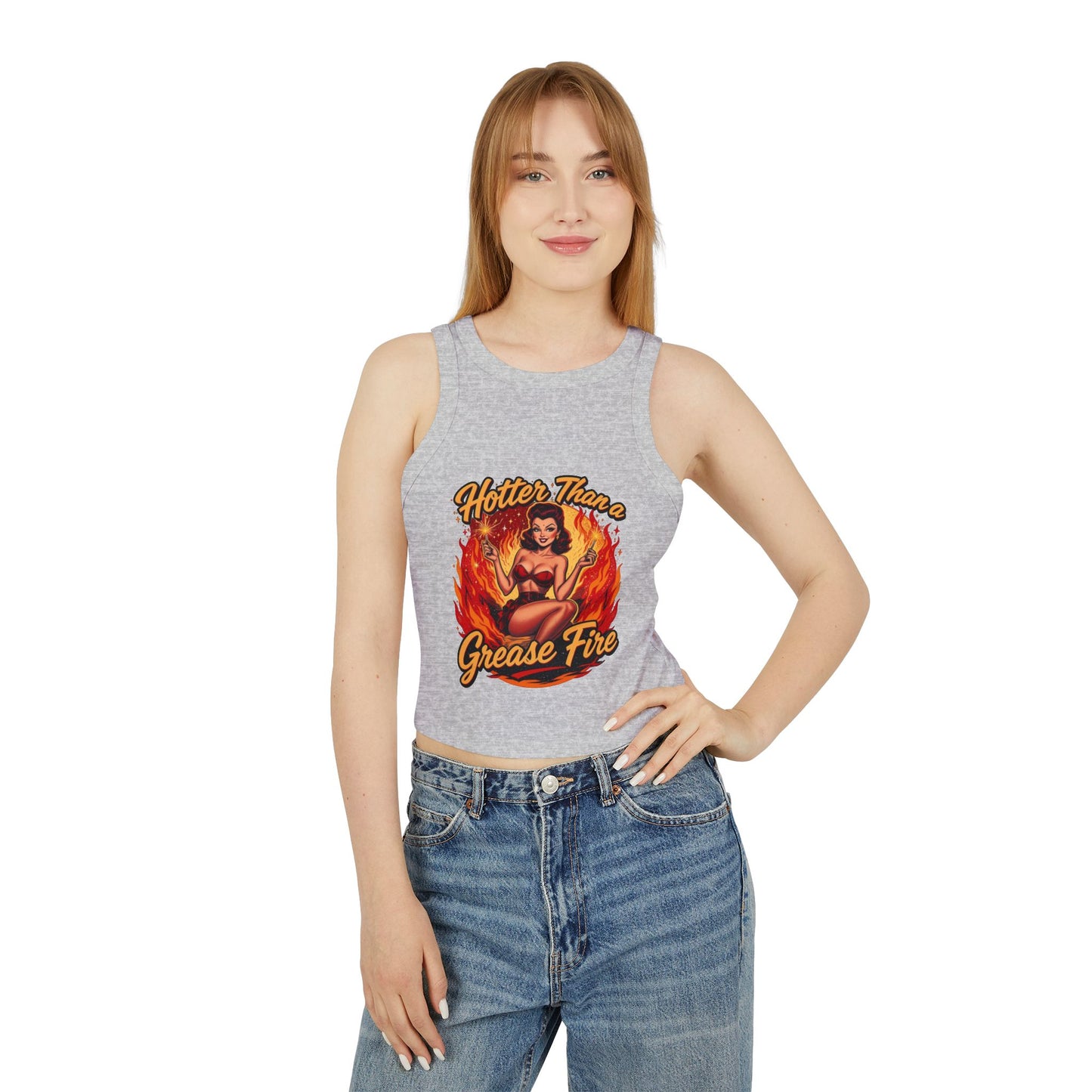 Hotter Than Grease Fire Tank Top, Summer Crop Top, Vintage Style Racer Back, Casual Womens Apparel, Perfect for Festivals, Workout Wear