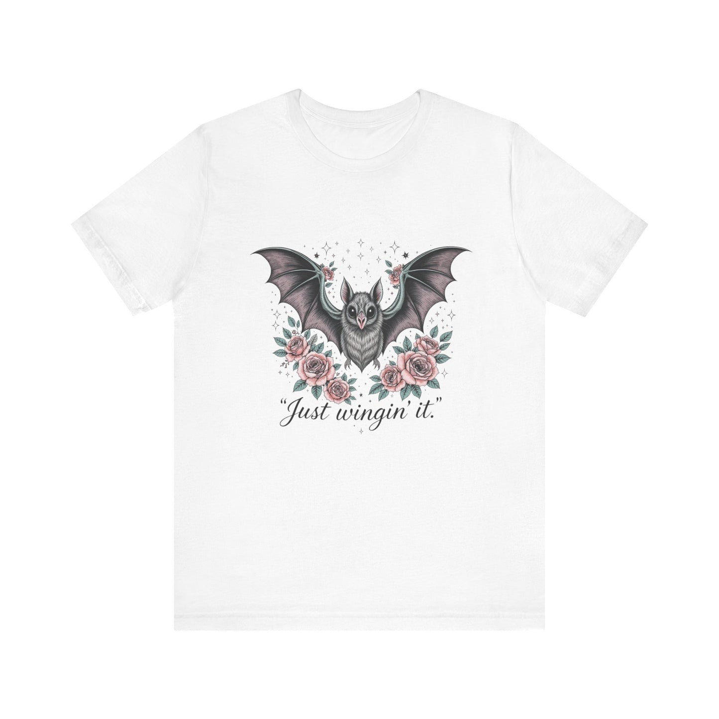 Just Wingin' It Bat Tee, Unisex Jersey Short Sleeve T-Shirt for Halloween, Casual Outfit, Unique Gift, Spooky Vibe, Graphic Tee