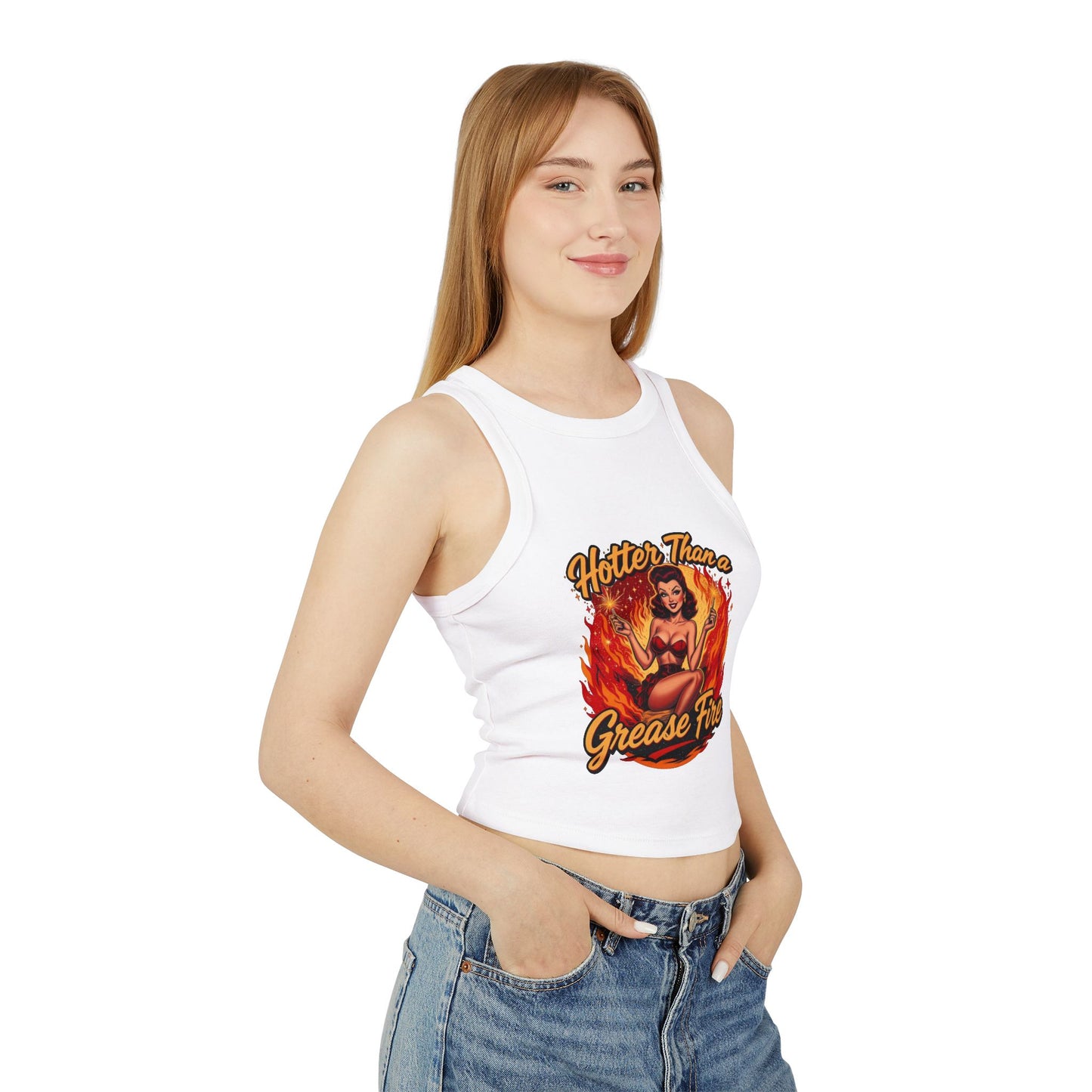 Hotter Than Grease Fire Tank Top, Summer Crop Top, Vintage Style Racer Back, Casual Womens Apparel, Perfect for Festivals, Workout Wear