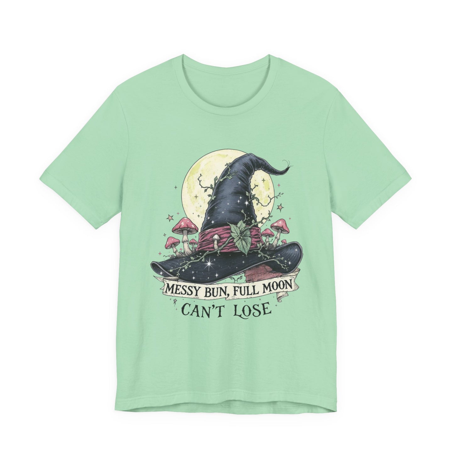 Messy Bun Full Moon Tee - Unisex Jersey T-Shirt, Cute Witch Shirt, Halloween Apparel, Cozy Everyday Top, Fun Gift for Her