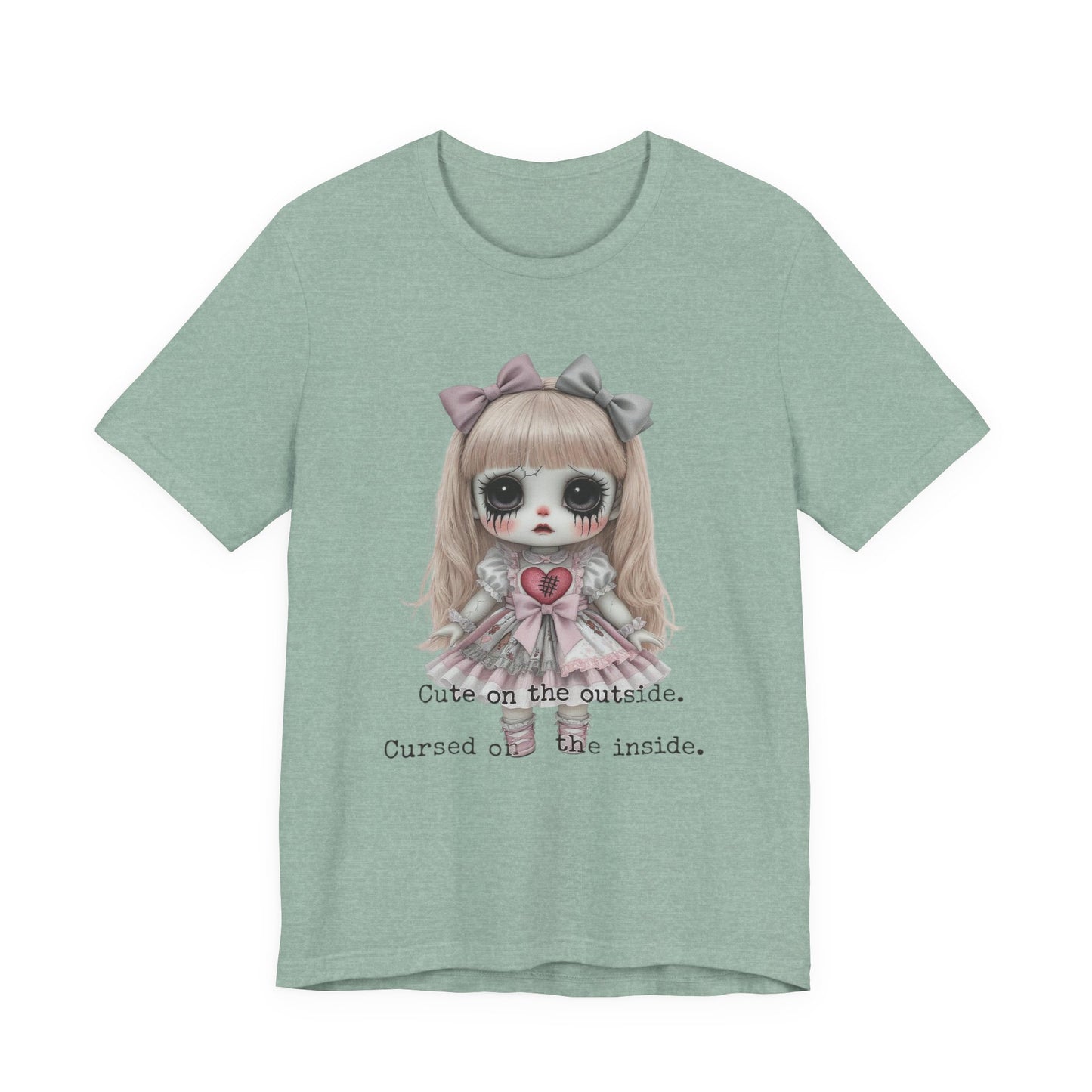 Cursed Doll Graphic Tee, Cute and Spooky T-Shirt, Halloween Gift, Alternative Style Apparel, Unisex Short Sleeve Shirt, Kawaii Punk Fashion