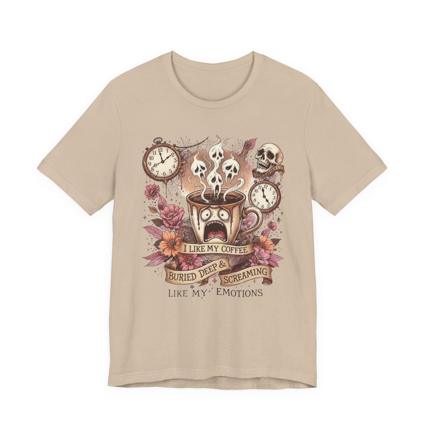 Coffee Lovers Skull Tee - I Like My Coffee Buried Deep, Unisex Jersey T-Shirt, Personalized Gift, Gothic Style, Perfect for Halloween