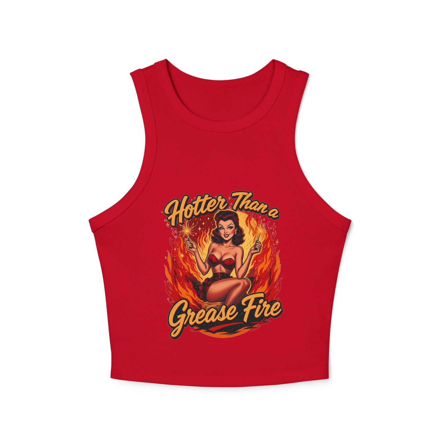 Hotter Than Grease Fire Tank Top, Summer Crop Top, Vintage Style Racer Back, Casual Womens Apparel, Perfect for Festivals, Workout Wear