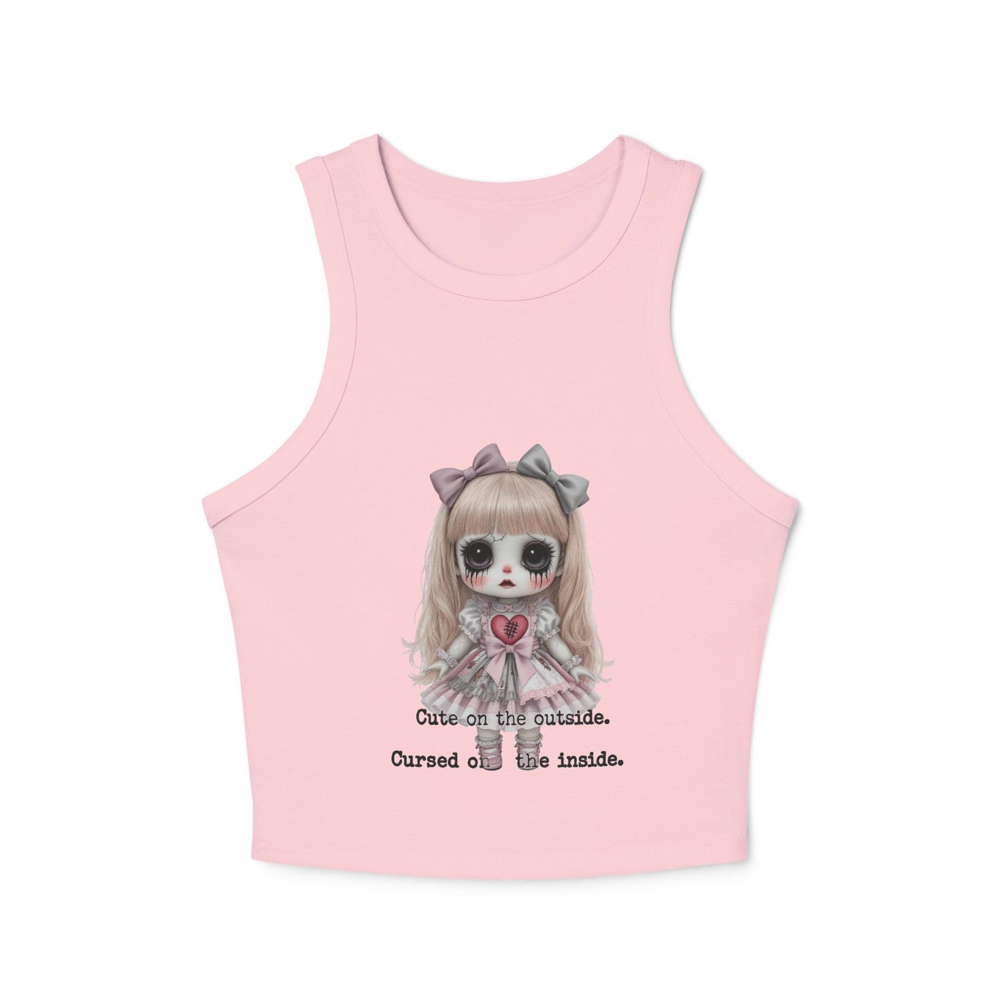 Creepy Doll Women's Tank Top, Scary Halloween Sleeveless Shirt, Gothic Doll Ribbed Racer Tank, Spooky Horror Sleeveless Tee, Vintage Pastel