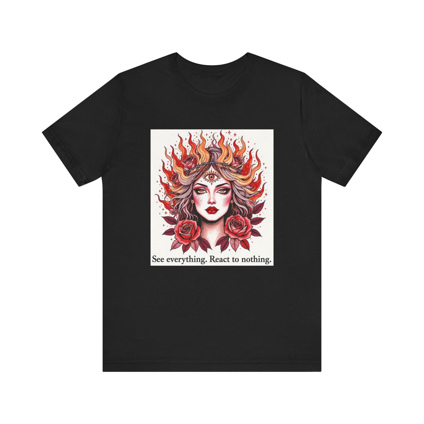 Surreal Tattoo Flash T-Shirt, Feminine Face and Roses Design, Vintage Style Tee for Men and Women, Flaming Hair Art Shirt, Pastel Pink Red