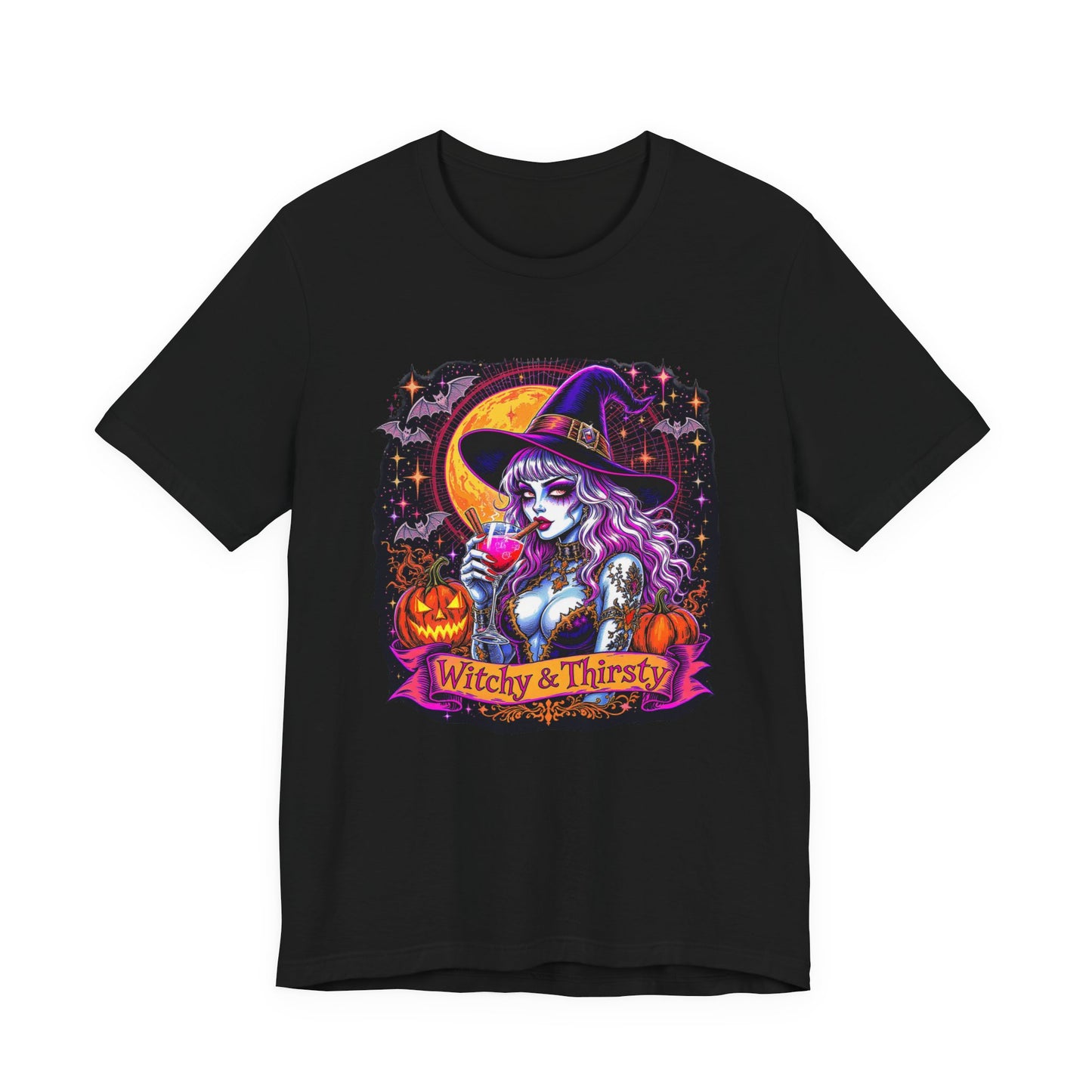 Witchy & Thirsty Halloween Tee, Unisex Short Sleeve Shirt, Spooky T-Shirt, Halloween Costume, Witchy Fashion, October Celebration