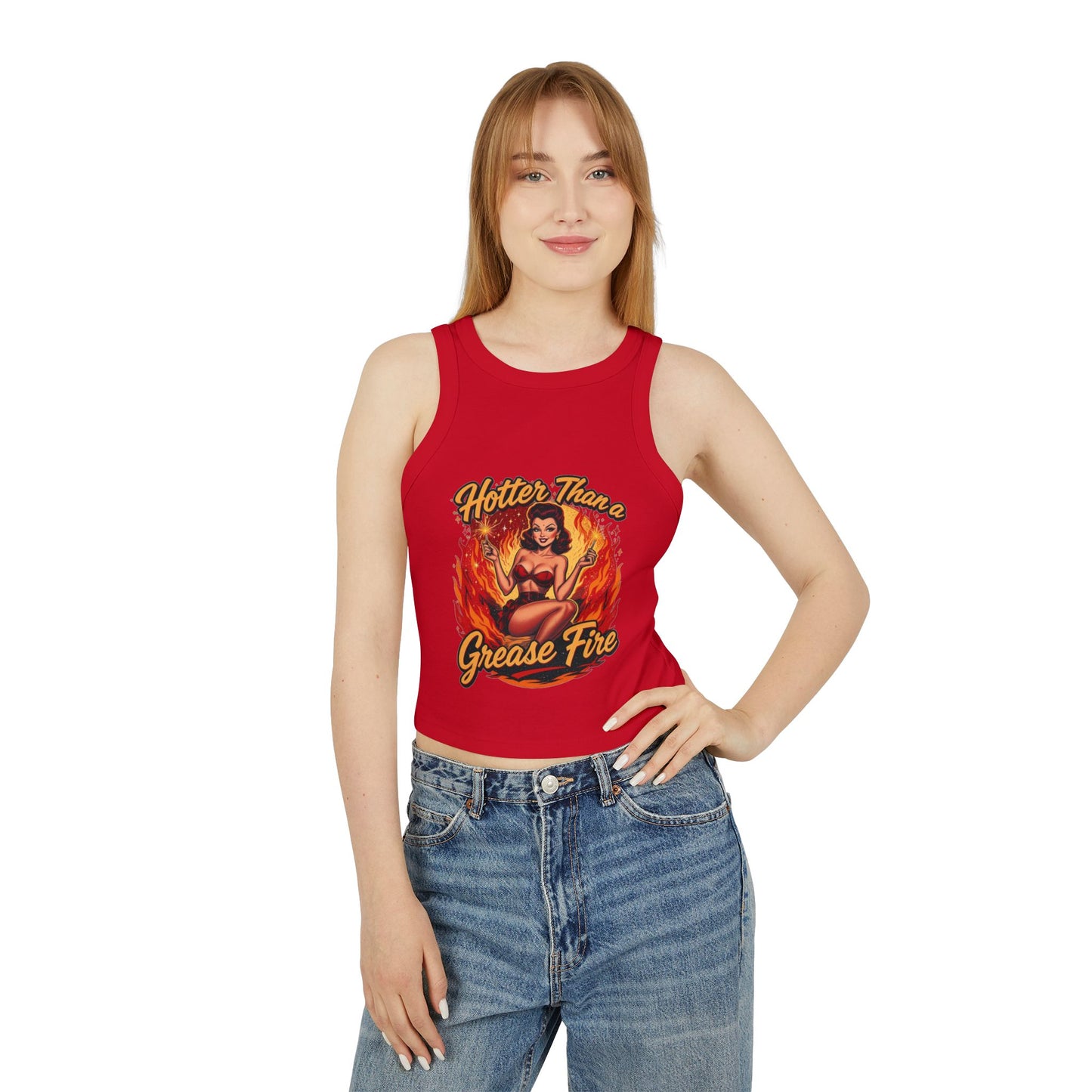 Hotter Than Grease Fire Tank Top, Summer Crop Top, Vintage Style Racer Back, Casual Womens Apparel, Perfect for Festivals, Workout Wear