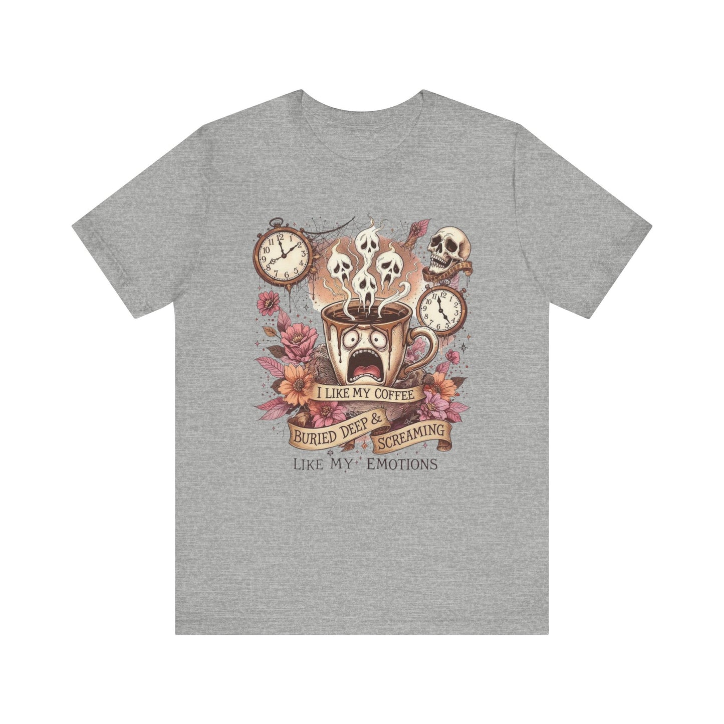 Coffee Lovers Skull Tee - I Like My Coffee Buried Deep, Unisex Jersey T-Shirt, Personalized Gift, Gothic Style, Perfect for Halloween