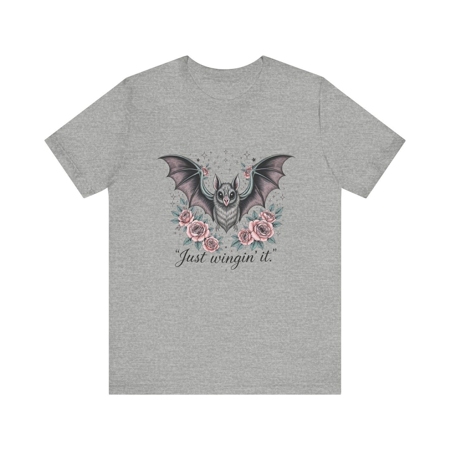 Just Wingin' It Bat Tee, Unisex Jersey Short Sleeve T-Shirt for Halloween, Casual Outfit, Unique Gift, Spooky Vibe, Graphic Tee