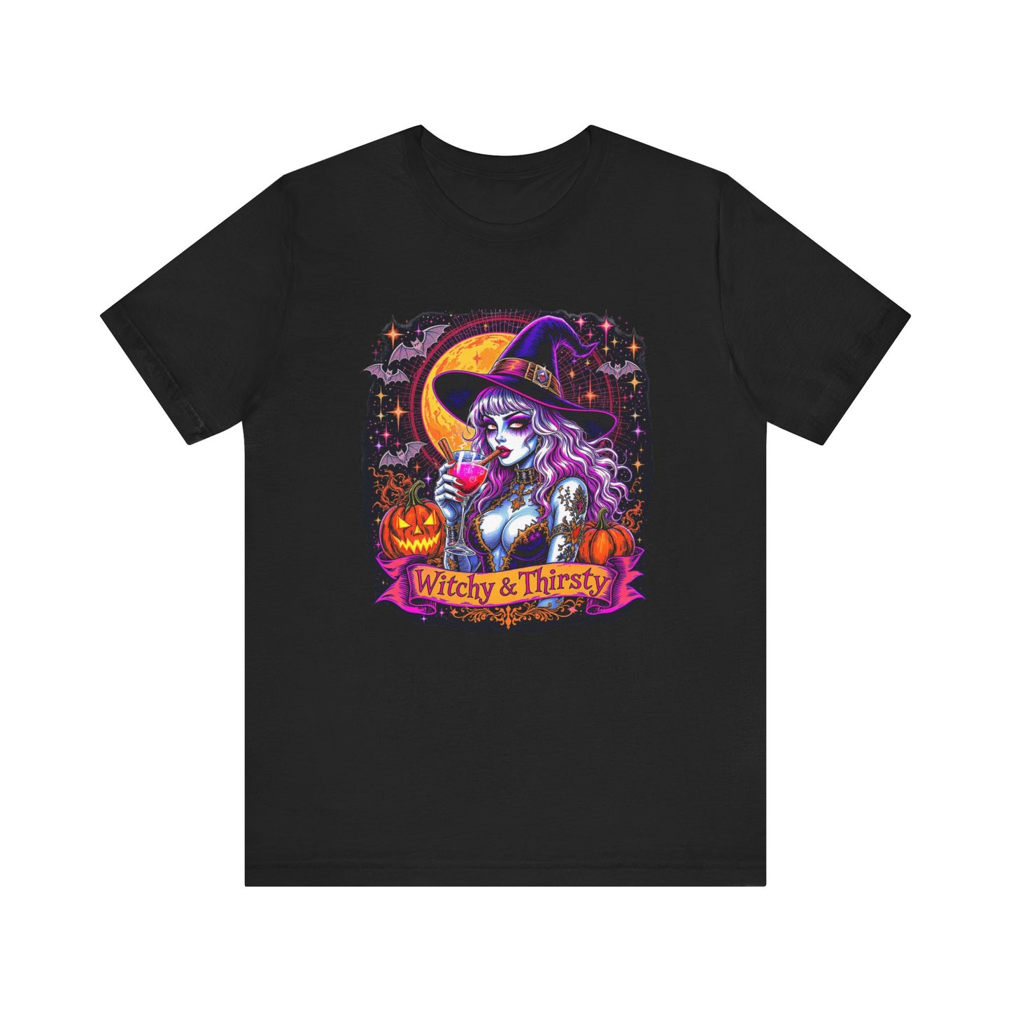 Witchy & Thirsty Halloween Tee, Unisex Short Sleeve Shirt, Spooky T-Shirt, Halloween Costume, Witchy Fashion, October Celebration