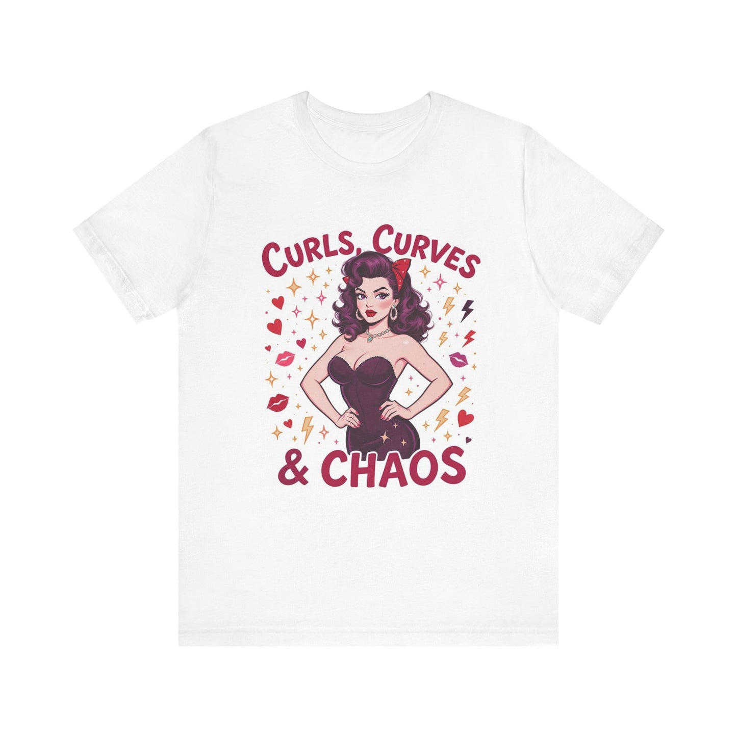 Curls, Curves & Chaos Tee, Fun Graphic Tee for Women, Casual Summer T-shirt, Unique Gift for Friends, Retro Style Shirt