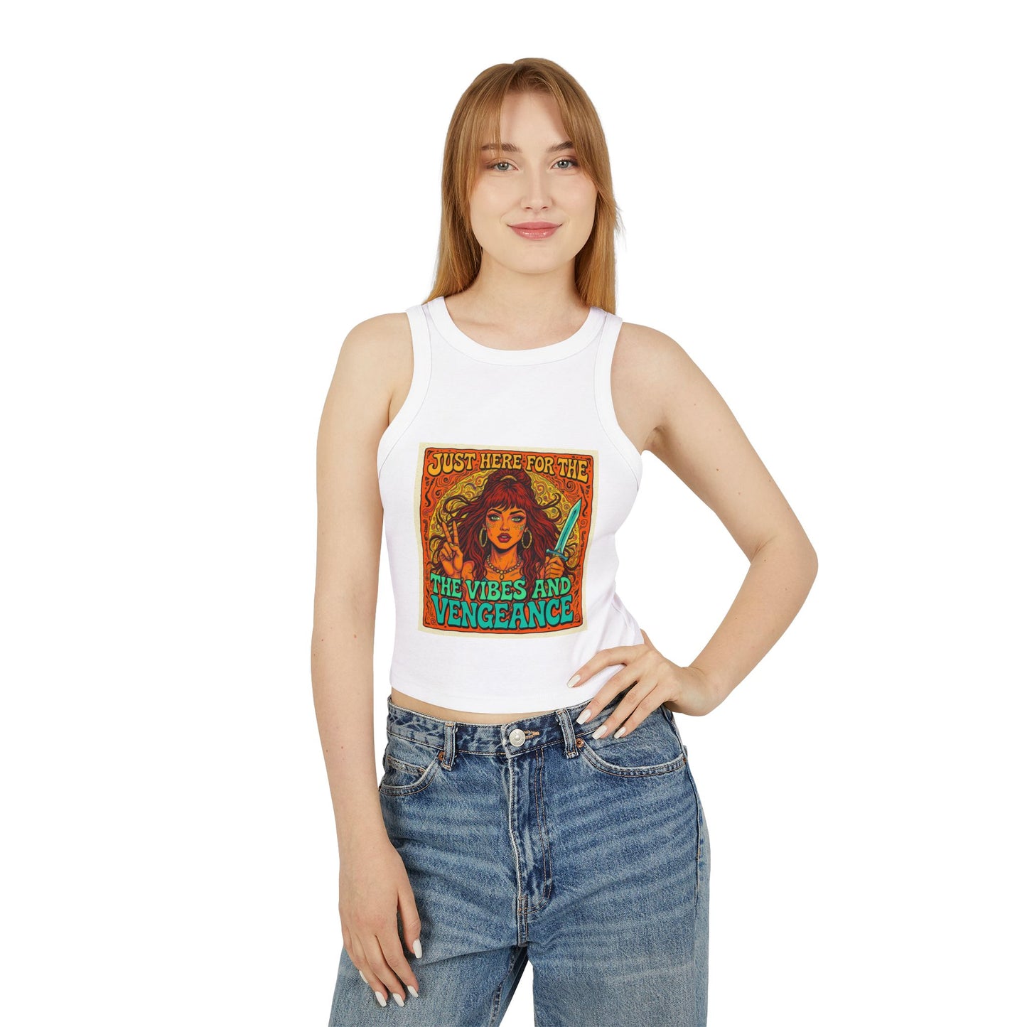 Vibes and Vengeance Racer Tank, Graphic Crop Top, Women's Summer Fashion, Festival Wear, Gift for Her