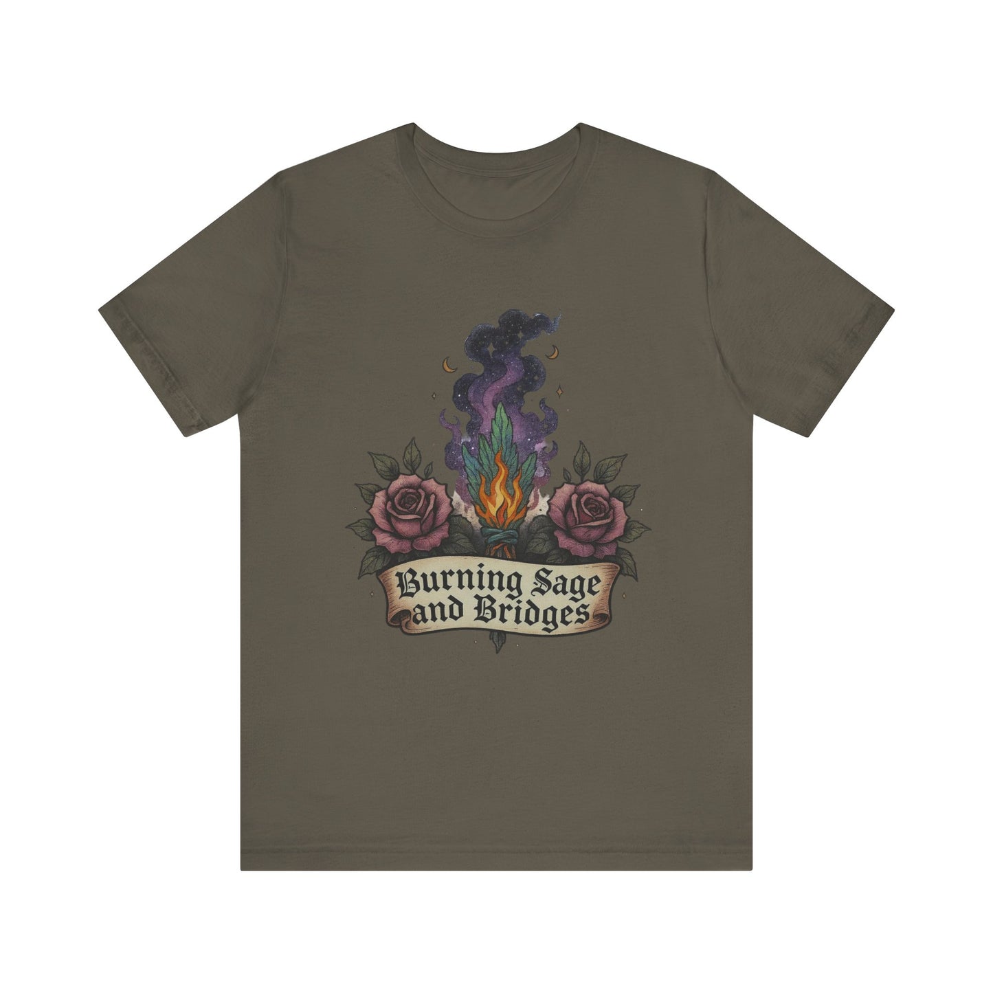 Mystical Sage Tee - Burning Sage and Bridges Shirt for Spiritual Vibes, Boho Style, Gift for Witches, Casual Wear, Ideal for Festivals