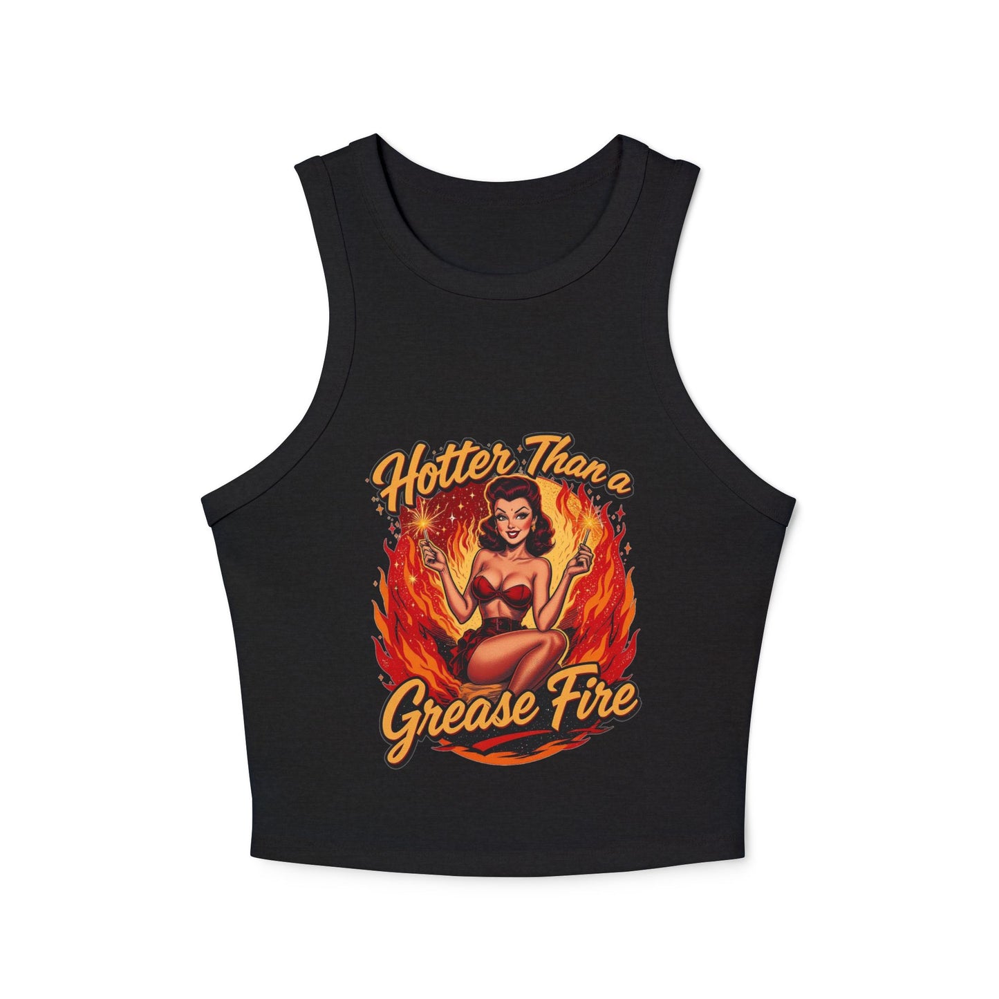 Hotter Than Grease Fire Tank Top, Summer Crop Top, Vintage Style Racer Back, Casual Womens Apparel, Perfect for Festivals, Workout Wear