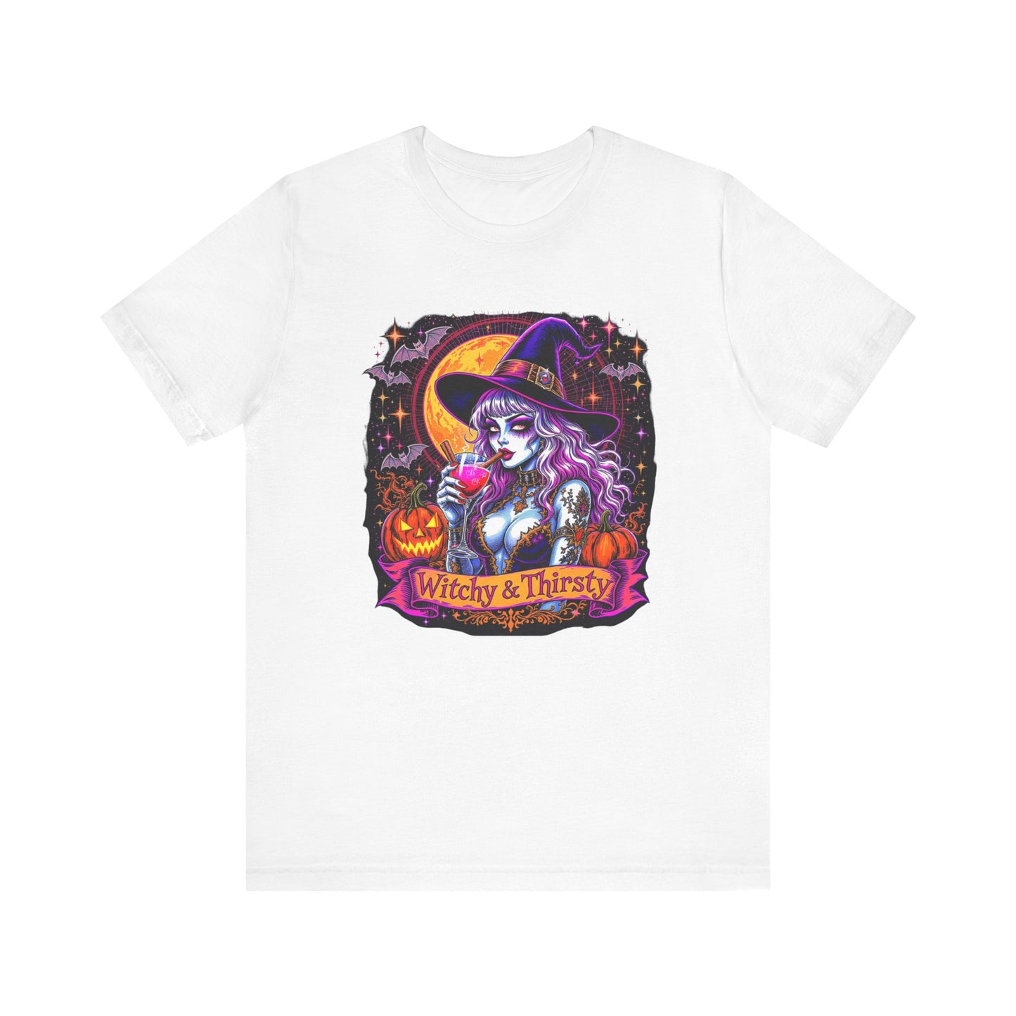 Witchy & Thirsty Halloween Tee, Unisex Short Sleeve Shirt, Spooky T-Shirt, Halloween Costume, Witchy Fashion, October Celebration