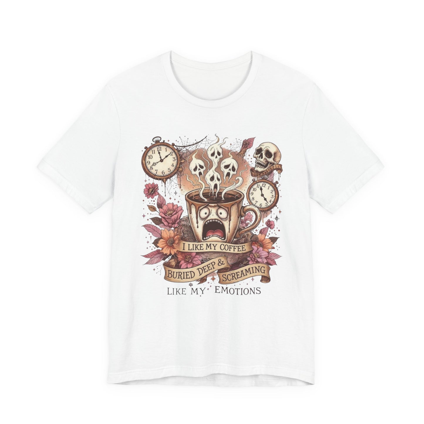 Coffee Lovers Skull Tee - I Like My Coffee Buried Deep, Unisex Jersey T-Shirt, Personalized Gift, Gothic Style, Perfect for Halloween