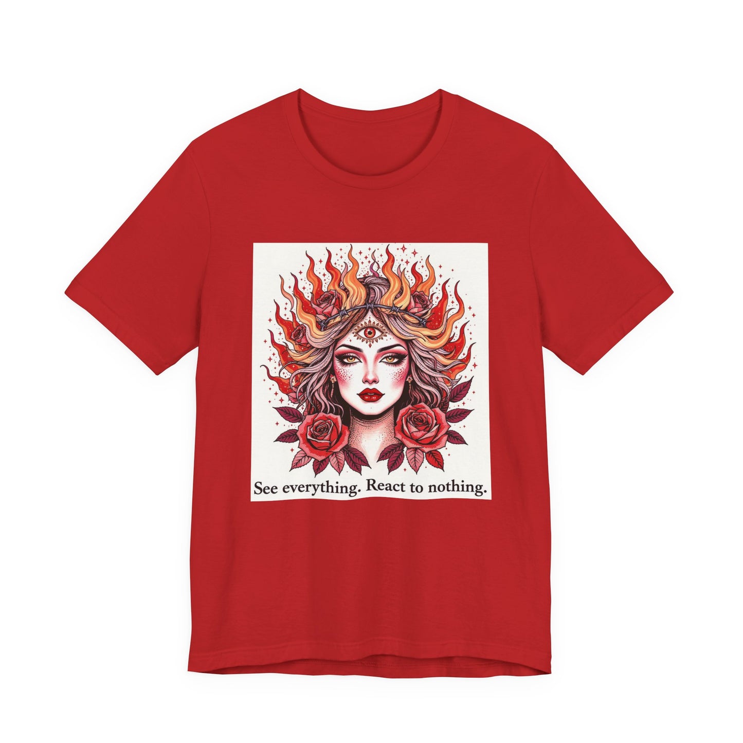 Surreal Tattoo Flash T-Shirt, Feminine Face and Roses Design, Vintage Style Tee for Men and Women, Flaming Hair Art Shirt, Pastel Pink Red