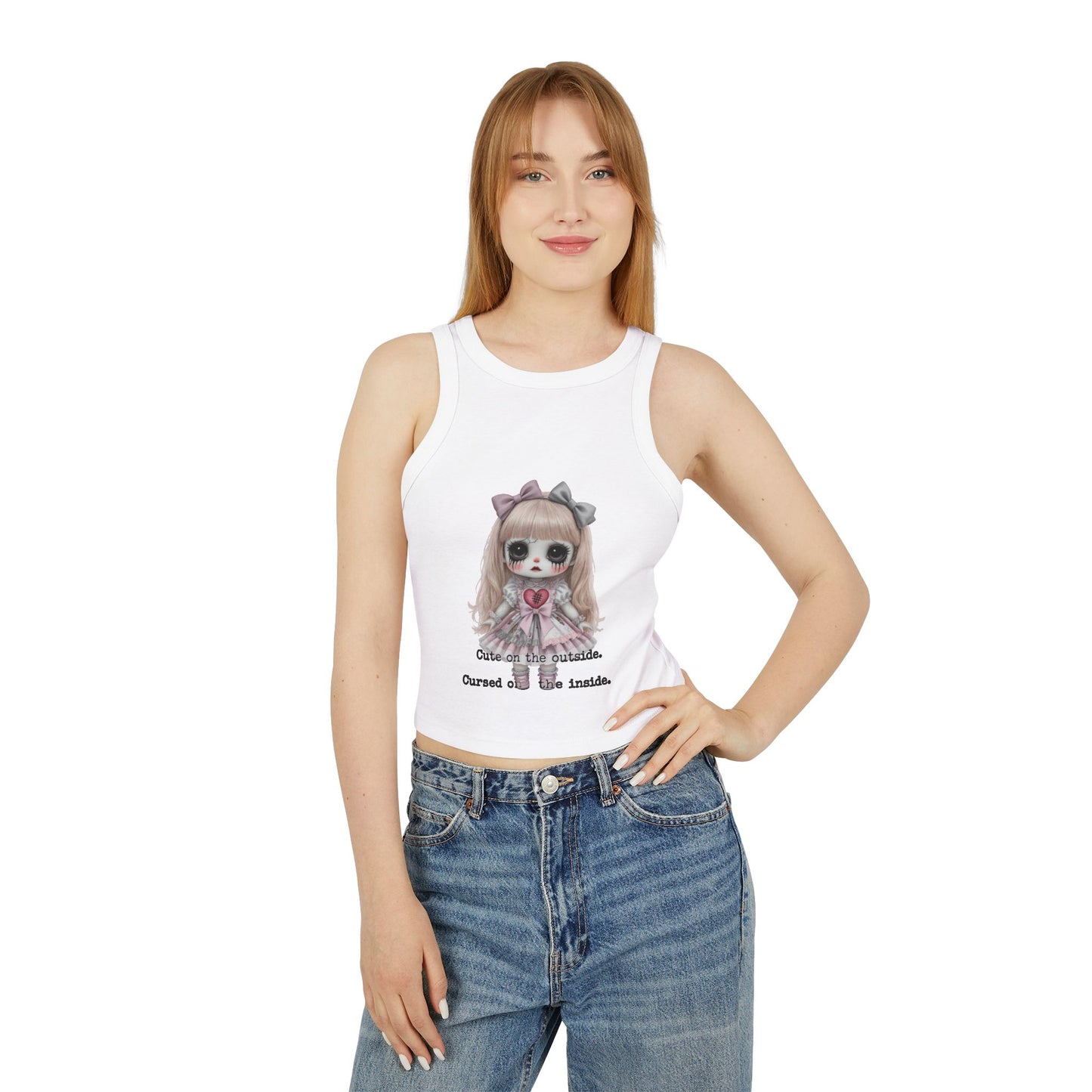 Creepy Doll Women's Tank Top, Scary Halloween Sleeveless Shirt, Gothic Doll Ribbed Racer Tank, Spooky Horror Sleeveless Tee, Vintage Pastel