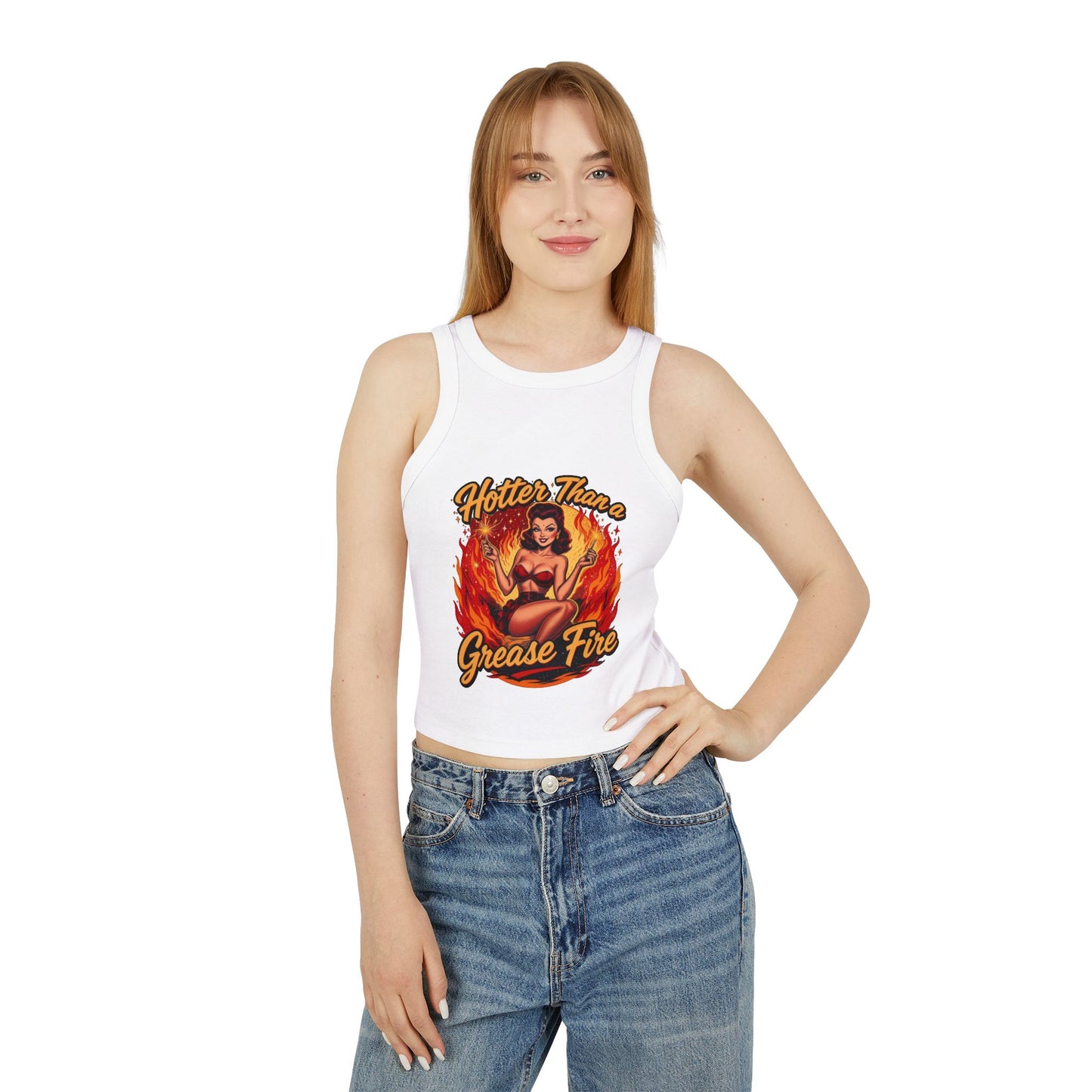 Hotter Than Grease Fire Tank Top, Summer Crop Top, Vintage Style Racer Back, Casual Womens Apparel, Perfect for Festivals, Workout Wear
