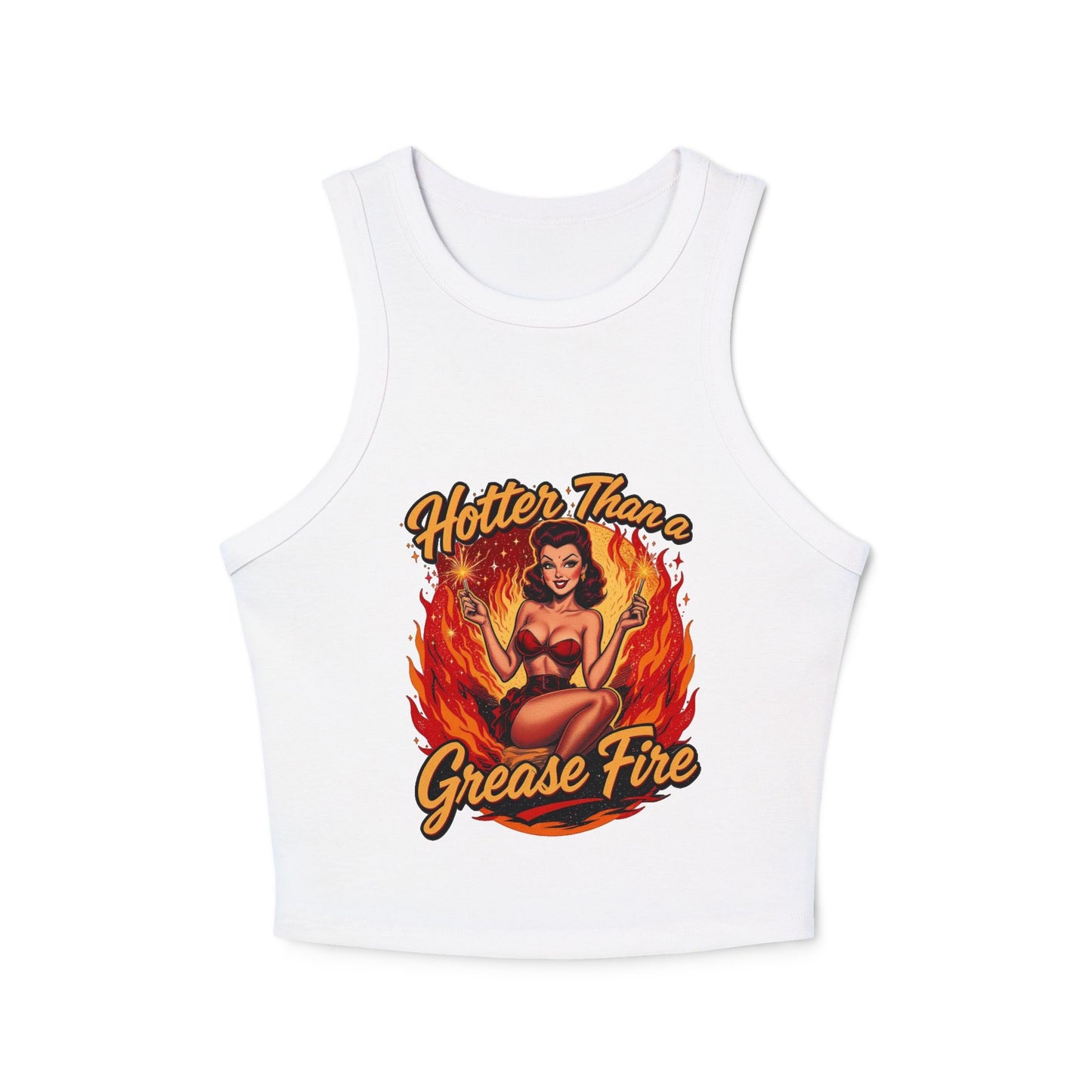 Hotter Than Grease Fire Tank Top, Summer Crop Top, Vintage Style Racer Back, Casual Womens Apparel, Perfect for Festivals, Workout Wear