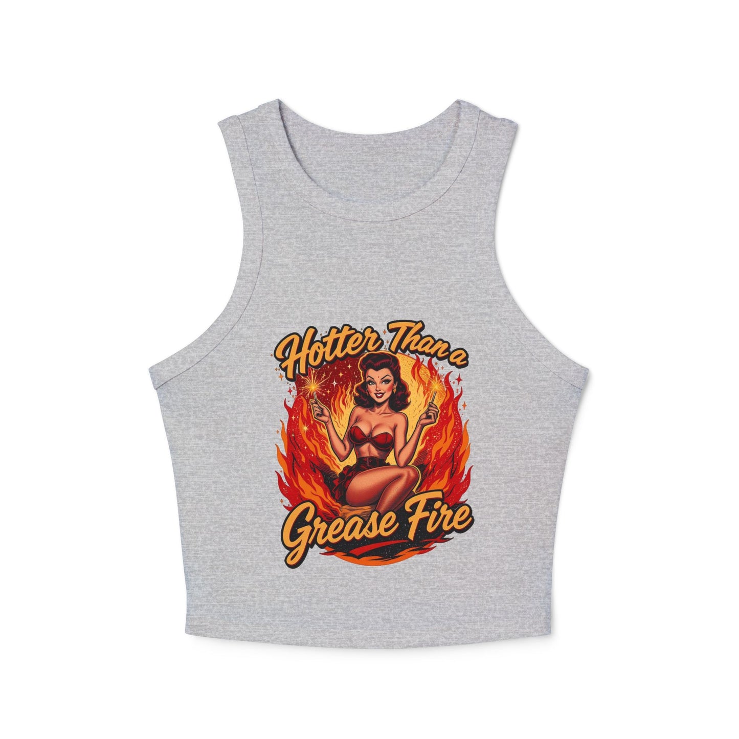 Hotter Than Grease Fire Tank Top, Summer Crop Top, Vintage Style Racer Back, Casual Womens Apparel, Perfect for Festivals, Workout Wear