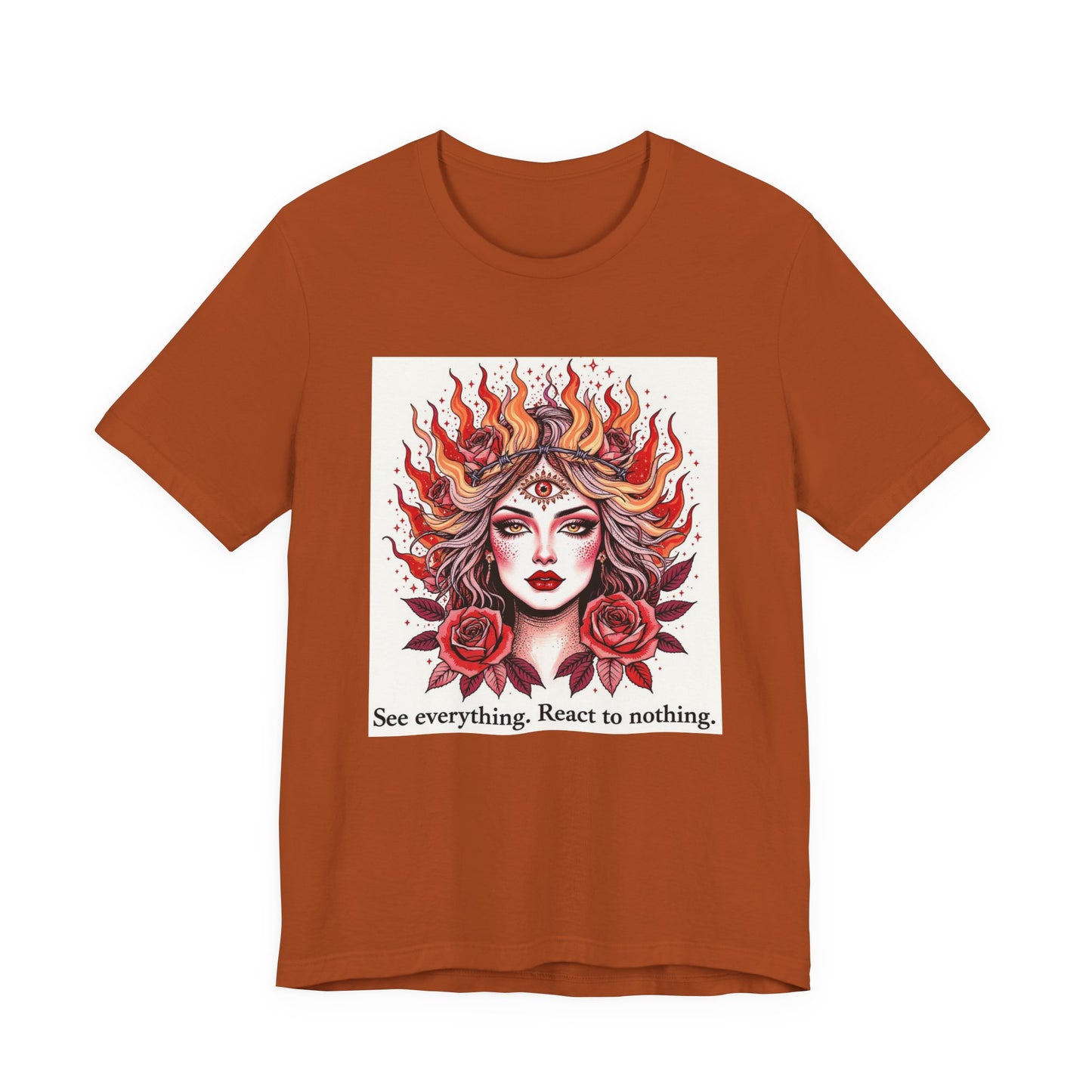 Surreal Tattoo Flash T-Shirt, Feminine Face and Roses Design, Vintage Style Tee for Men and Women, Flaming Hair Art Shirt, Pastel Pink Red