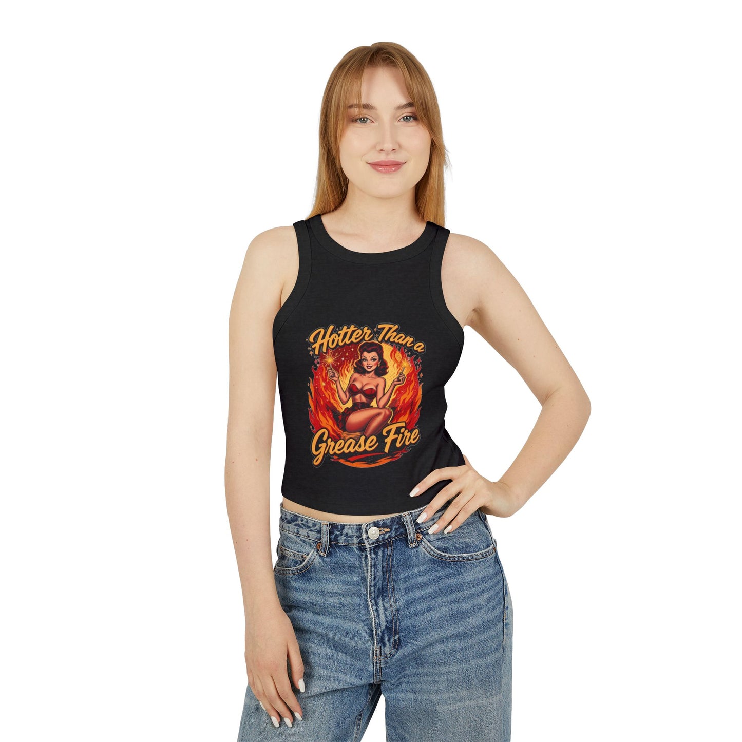 Hotter Than Grease Fire Tank Top, Summer Crop Top, Vintage Style Racer Back, Casual Womens Apparel, Perfect for Festivals, Workout Wear