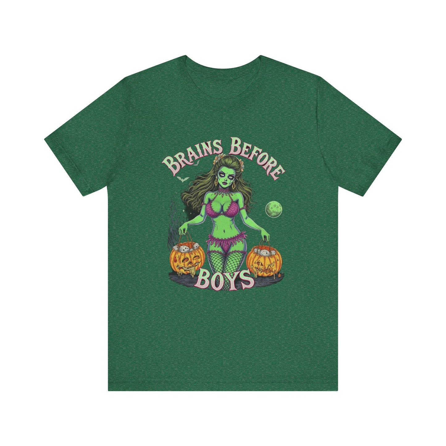 Spooky Graphic Tee, Halloween Shirt, Ghostly Humor Tee, Casual Unisex T-Shirt, Fun Gift for Halloween Party, Brains Before Boys