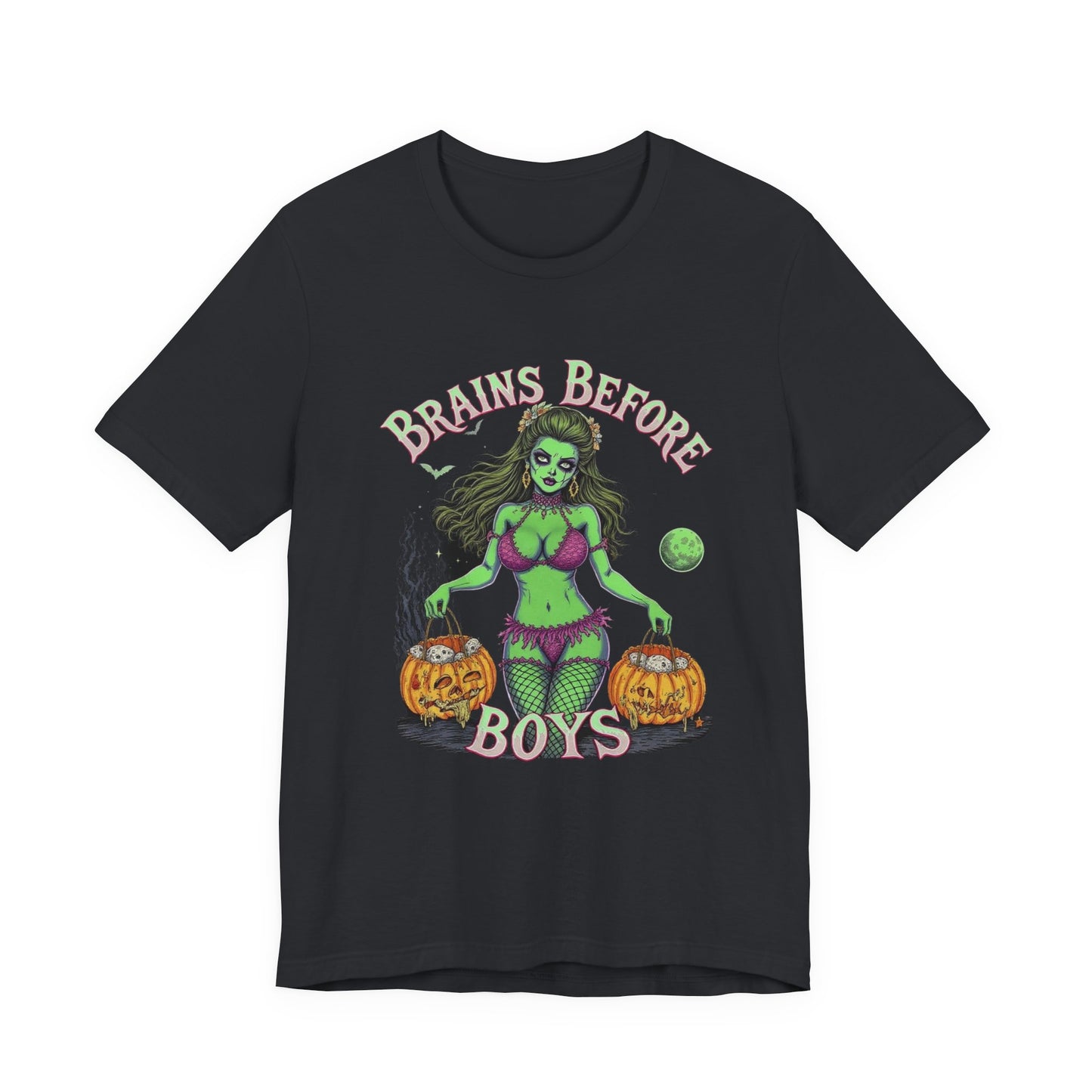 Spooky Graphic Tee, Halloween Shirt, Ghostly Humor Tee, Casual Unisex T-Shirt, Fun Gift for Halloween Party, Brains Before Boys