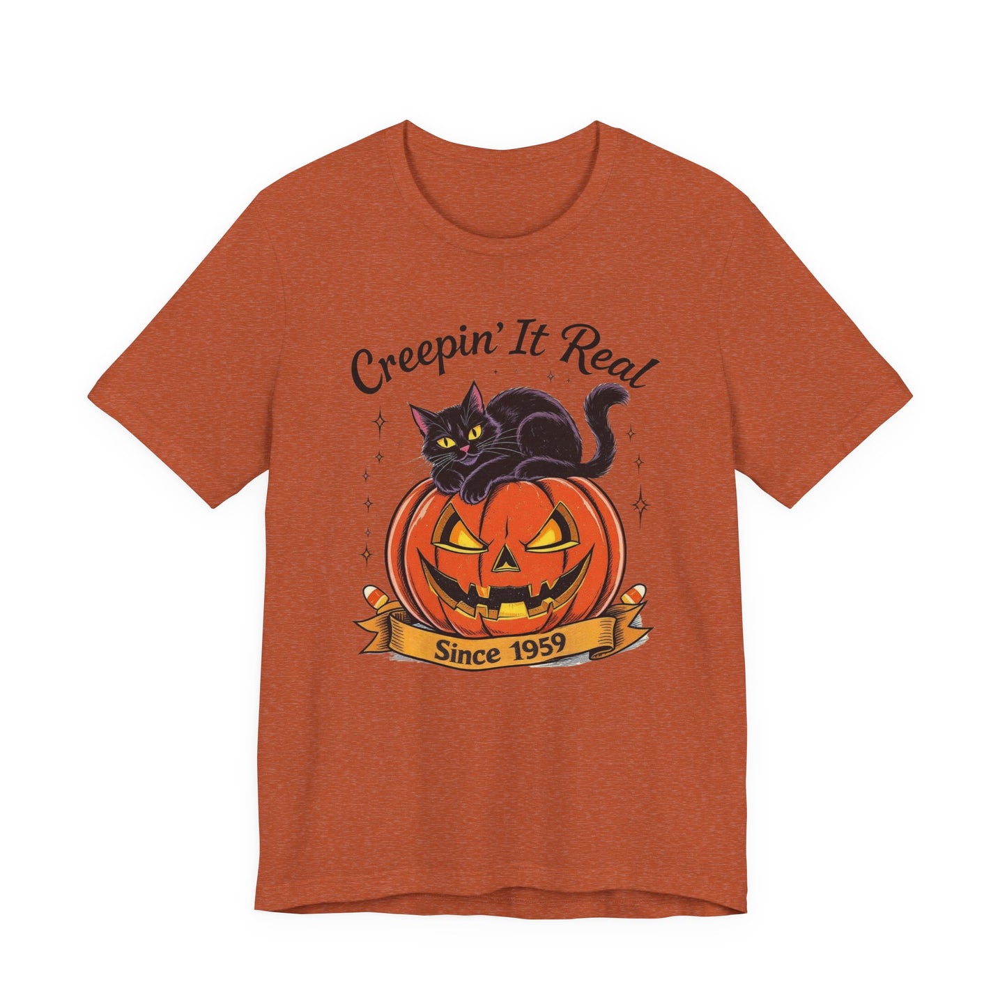 Halloween Cat Tee, Creepin' It Real Short Sleeve T-Shirt, Unisex Halloween Shirt, Fall Apparel, Pumpkin Shirt, Cat Lover Gift, Spooky [...]