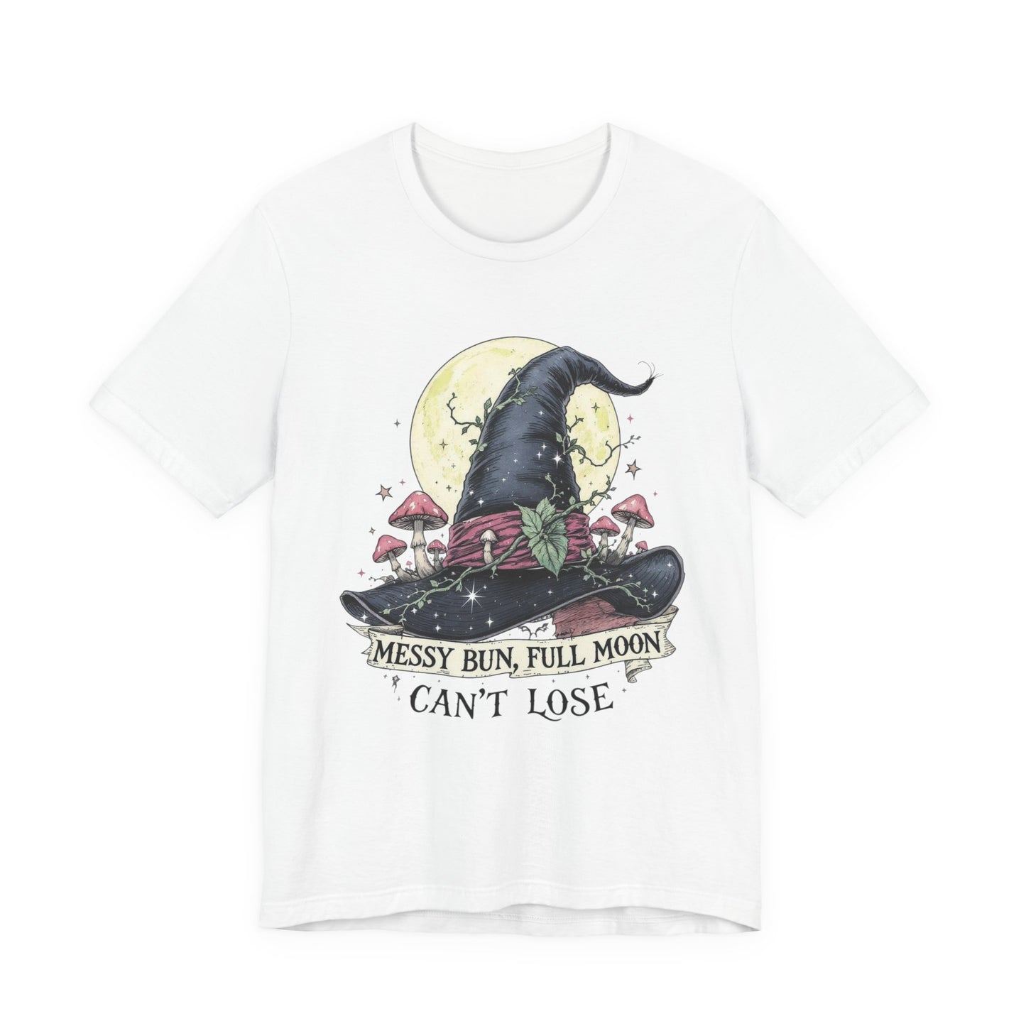 Messy Bun Full Moon Tee - Unisex Jersey T-Shirt, Cute Witch Shirt, Halloween Apparel, Cozy Everyday Top, Fun Gift for Her