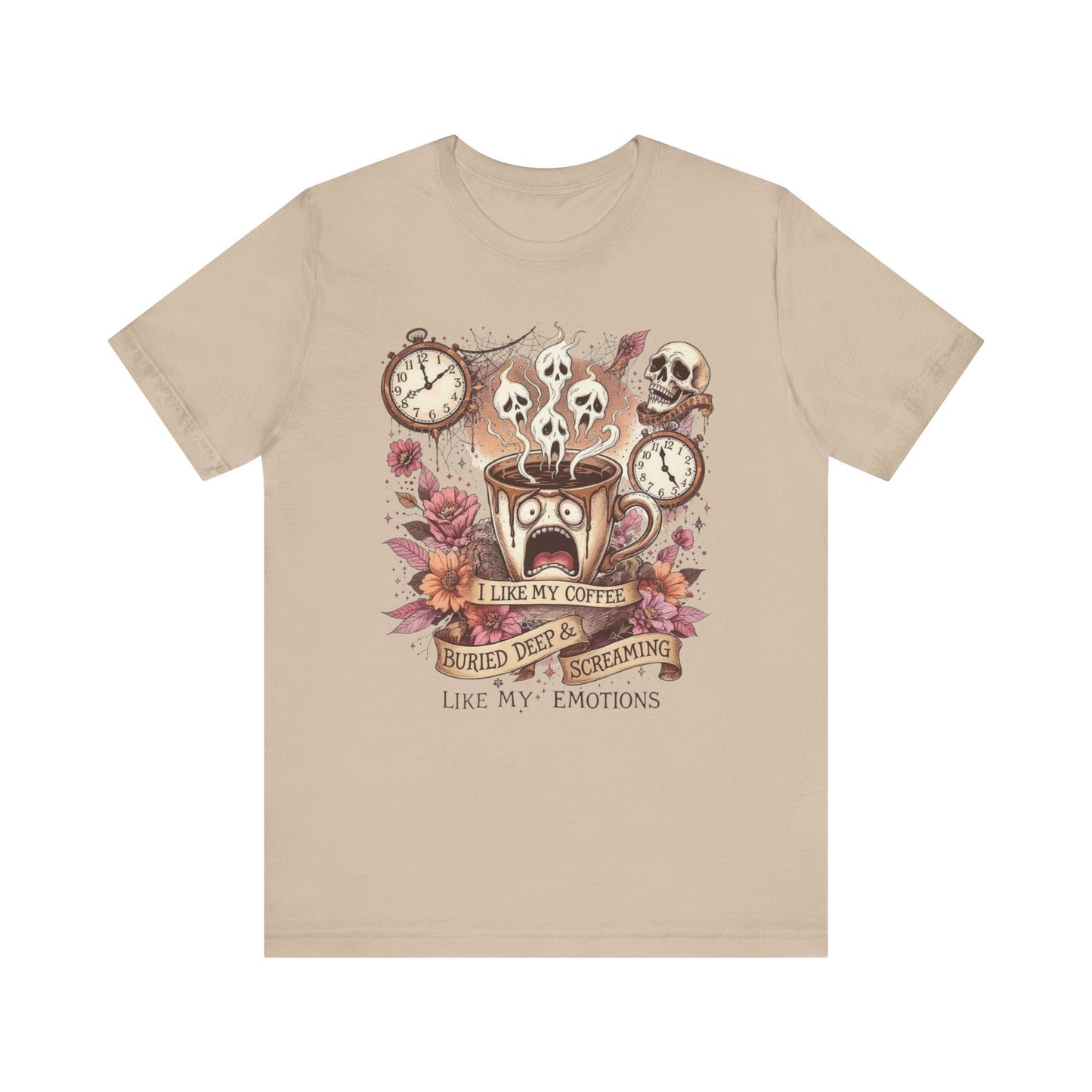 Coffee Lovers Skull Tee - I Like My Coffee Buried Deep, Unisex Jersey T-Shirt, Personalized Gift, Gothic Style, Perfect for Halloween