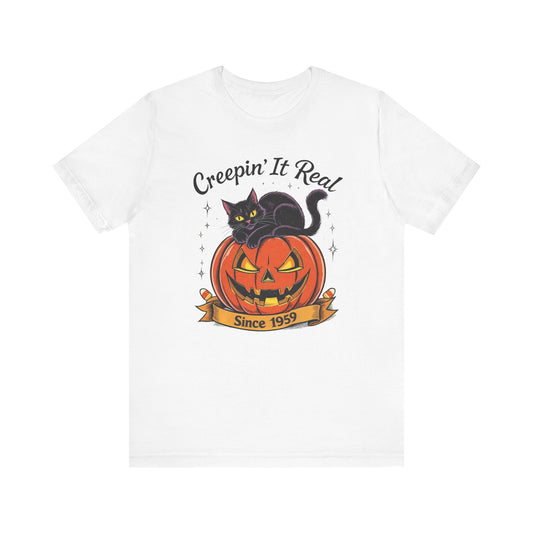 Halloween Cat Tee, Creepin' It Real Short Sleeve T-Shirt, Unisex Halloween Shirt, Fall Apparel, Pumpkin Shirt, Cat Lover Gift, Spooky [...]